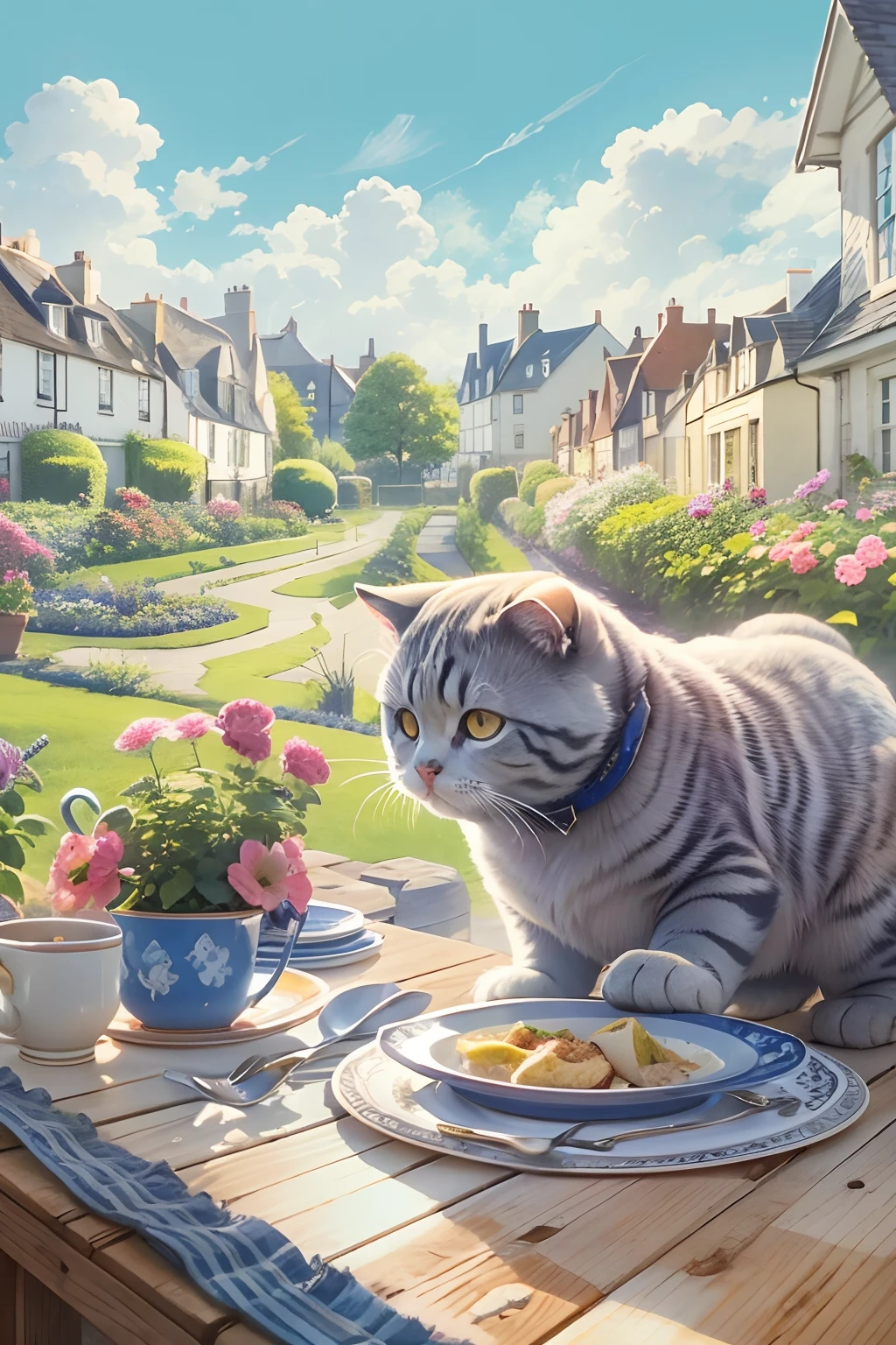 A Scottish Fold cat, eating breakfast, trpical garden, Distant houses. Blue sky.