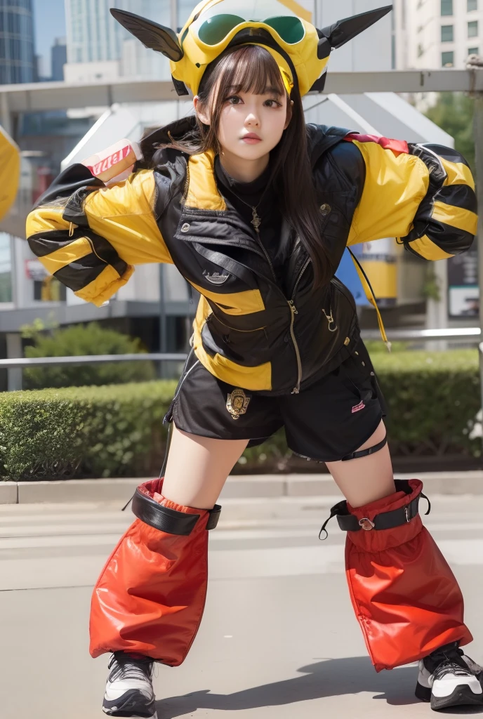 infp young woman、Good Style、、Shorts、、Idol face、large full breasts、、long boots、Blackish fashion