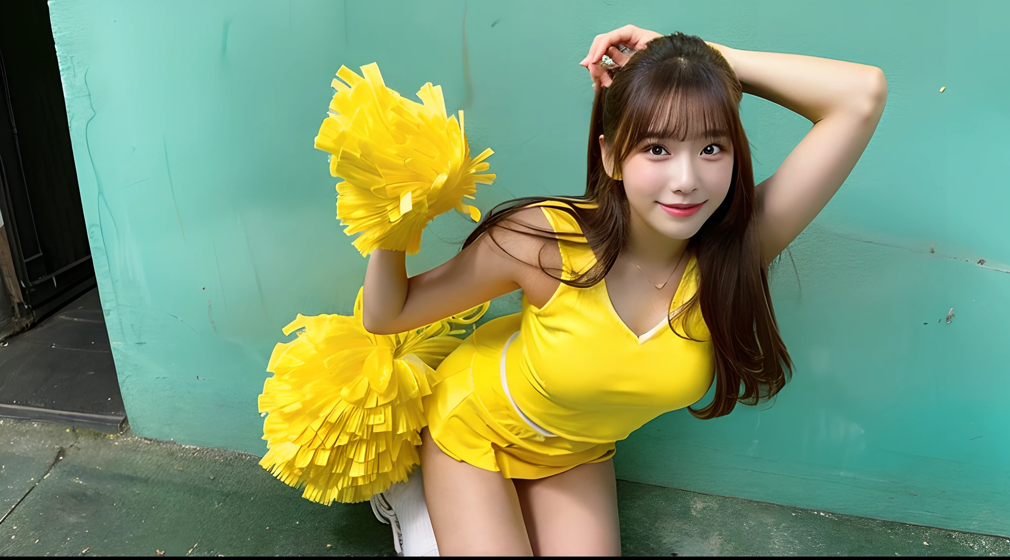 (Best-quality, Masterpiece, Ultra-High-Resolution, (Photorealistic:1.4), Raw Photo, depth of field, professional lighting, perfect anatomy, extremely details), 1girl, the most famous Japanese idol, (wearing yellow cheerleading-sleeveless-shirt, wearing yellow-cheerleading-pleated-skirt over white cheerleading-panties), ((upturned ass)), ((extremely cute face, ((extremely cute big-eyes)), extremely cute hair), ((extremely beautiful and extremely realistic skins))), extremely beautiful legs, dynamic pose, looking at viewer, innocent smile, detailed yellow-cheerleading-sleeveless-shirt, detailed yellow-cheerleading-pleated-skirt, detailed white-cheerleading-panties-with-cute-design
