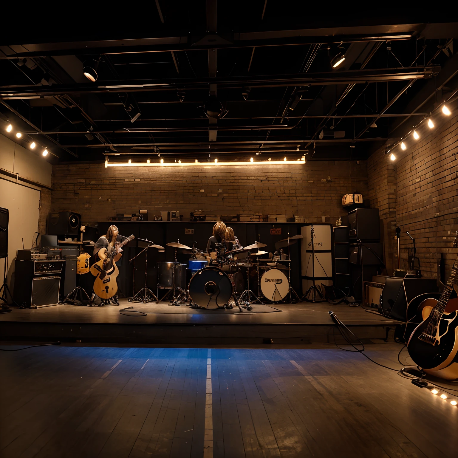 guitars, guitars 🎸, drums, microphones, etc, cords, lights, glowing objects, Cosplay characters, guitars, incandescent lights. guitars