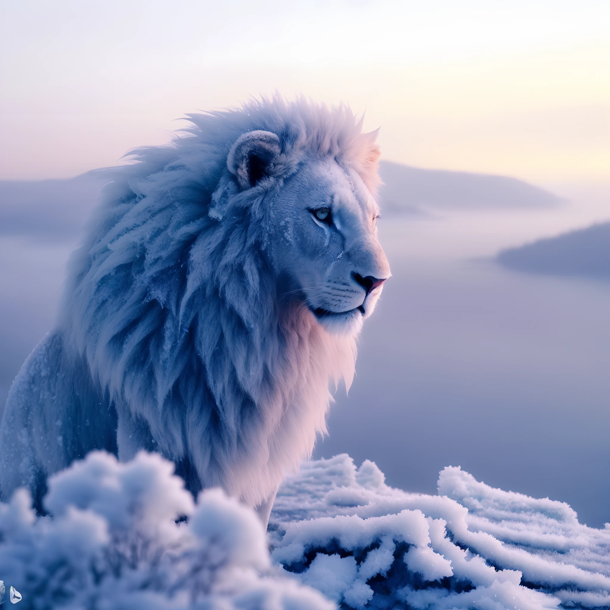 araffe sitting on a snowy hill with a lake in the background, icy, god of winter, aslan the lion, dramatic cinematic detailed fur, frozen cold stare, cold, majestic!!! beautiful!!!, cold but beautiful, made of ice, cold snowy, beautiful wallpaper, beautiful nature, lion, master of ice, with the mane of a lion