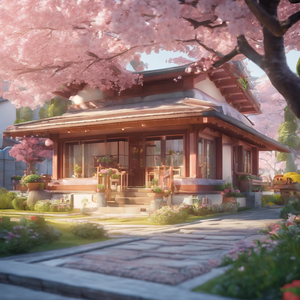 Sakura House Gloria Studio, The garden is full of cherry trees, Clay material, Cartoon design style, POP MART, Soft lighting, smooth lines, Tilt-shift lens, Detailed science fiction illustration, super realistic details, warm color
