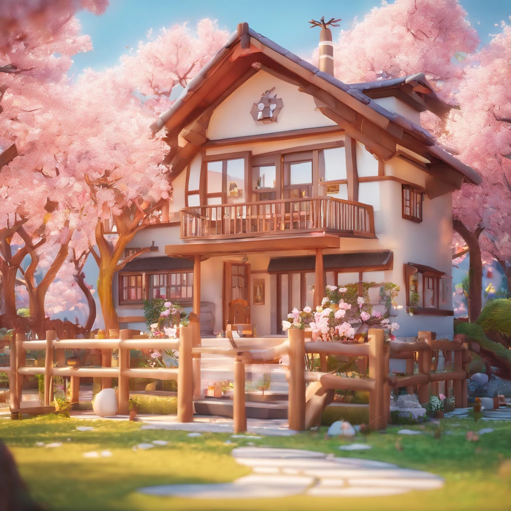 Sakura House Gloria Studio, The garden is full of cherry trees, Clay material, Cartoon design style, POP MART, Soft lighting, smooth lines, Tilt-shift lens, Detailed science fiction illustration, super realistic details, warm color