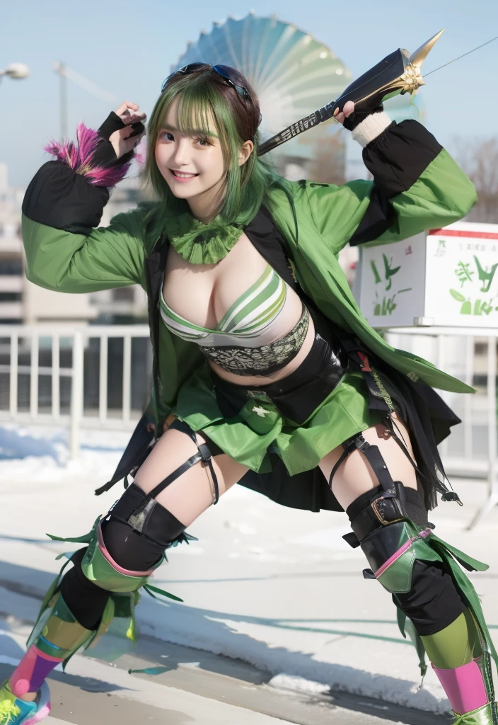 infp young woman、Good Style、Colorful hair、Shiny Green Fashion、Idol face、large full breasts、、a miniskirt、Colorful tights、Junk Armor