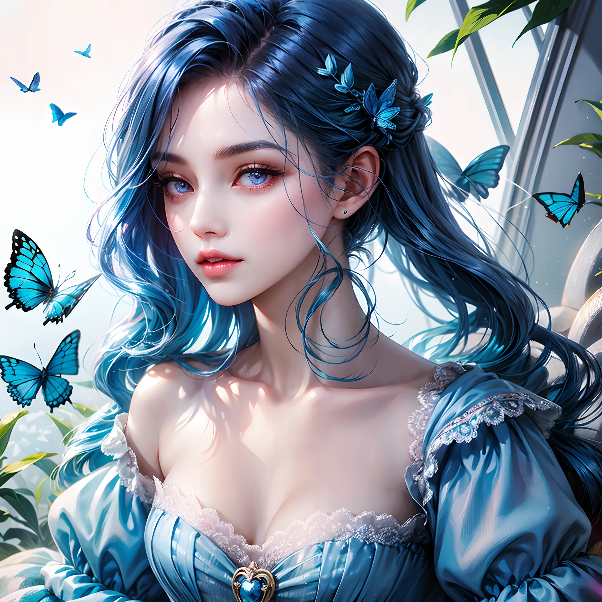 chunlanhuaqun,1girl,solo,long hair,looking at viewer,blue eyes,black hair,hair ornament,dress,bare shoulders,jewelry,sitting,flower,earrings,wings,sleeveless,hair flower,sleeveless dress,blue dress,wavy hair,blue flower,blue theme,head wreath,(AS-YoungerV2:1.2),