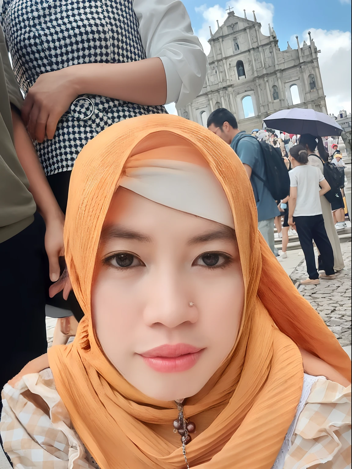 there is a woman wearing a headscarf and a scarf, with accurate face, 8k selfie photograph, zenra taliyah, from 8 k matte, shot on nikon z9, with kind face, south east asian with round face, with round face, leaked photo, taken in 2 0 2 0, in a city square, captured on canon eos r 6