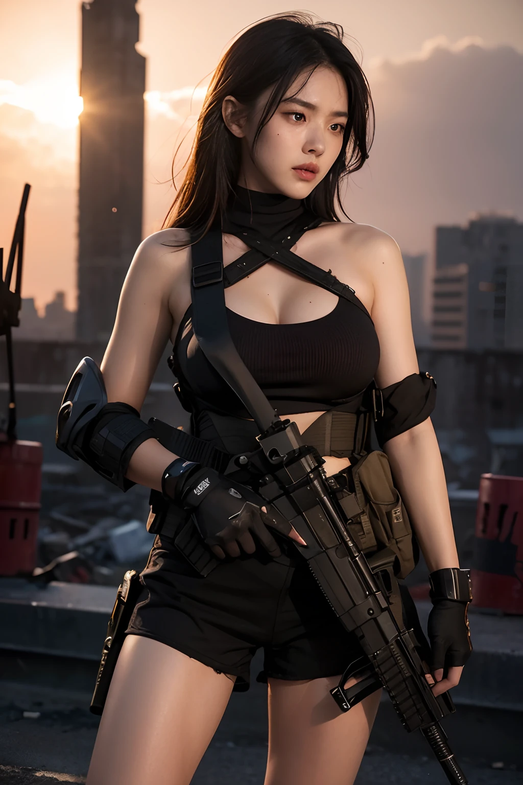 (Top quality，Ultra HD，lifelike: 1.4)(Cowboy Shooter 1)，Beautiful armed girl， (K-Pop Idol) ，Full body close-up，Detailed face，opposition，Perfect anatomy，Smooth skin，Professional lighting， ((Wearing a light blue one-piece bikini，High-tech headphones,Black cloth tied around legs)，Victory in battle，Smile of victory(background，Destroyed buildings，Fire， (Huge explosion) ) ,Full body close-up， (Holding weapon, Holding rifle, Purposeing, Purpose:1.2), gun, H&k hk416, 马gun, Fire