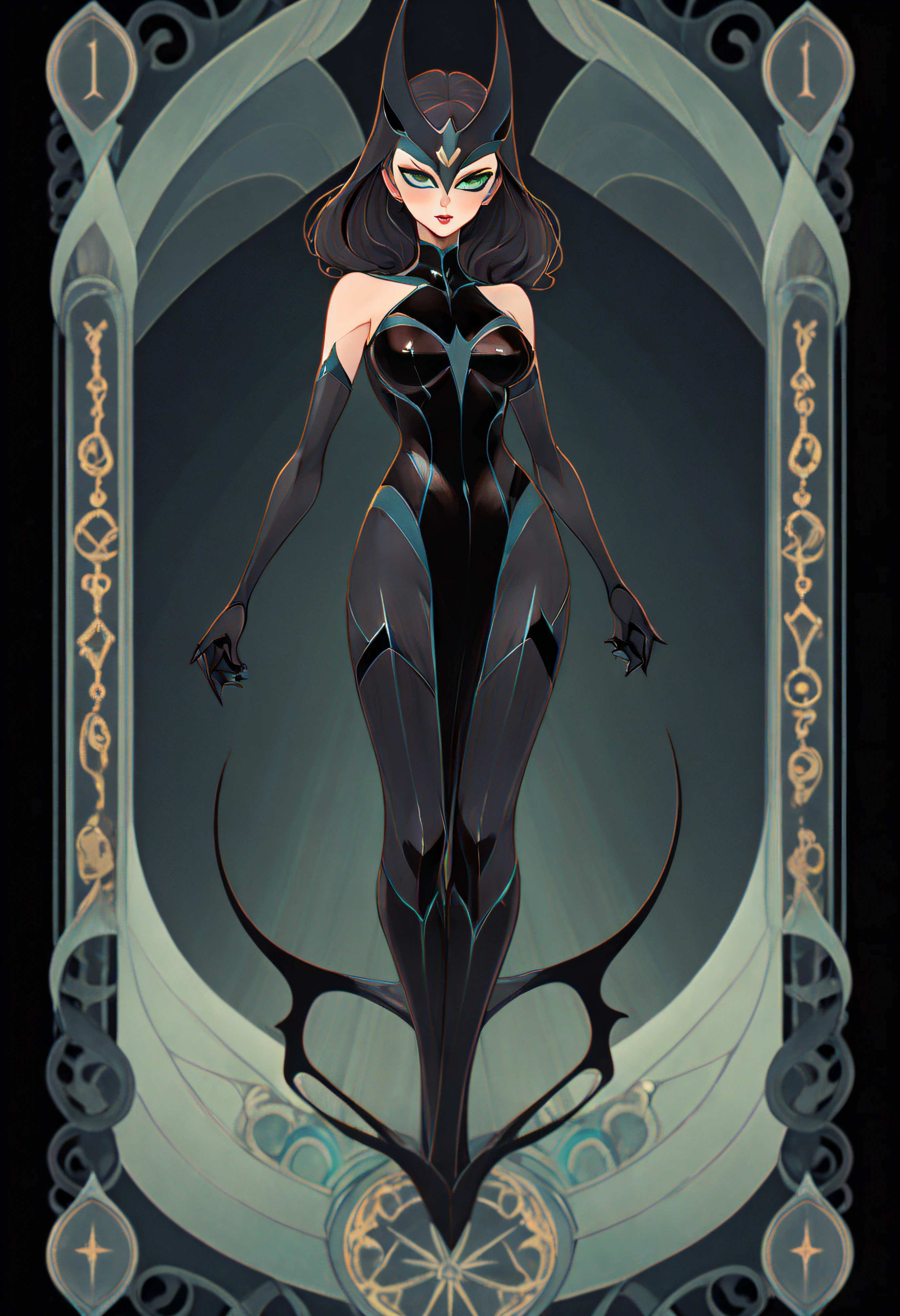 1 Catwoman, Full body standing painting, (((独奏))), Clear facial features, Simple line design, ((tarot card background, symmetric beauty)), perfectly symmetrical, The art of symmetry, Standing drawings of characters, ((flatcolors)), tmasterpiece，top Quority，best qualtiy，超高分辨率, ((Clear facial features，beautidful eyes，beauitful face, Exquisite facial features))