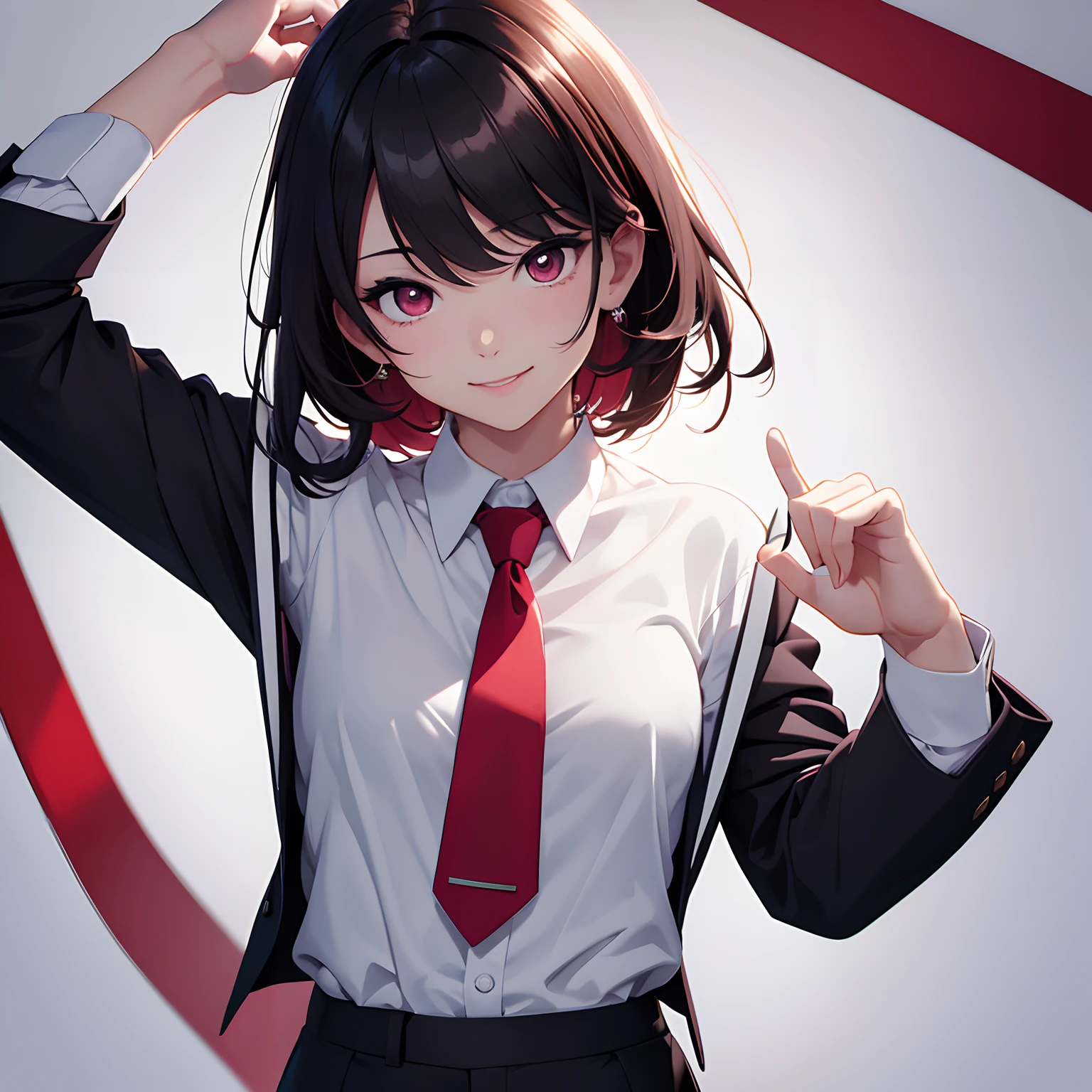 (masterpiece, best quality;1.3), extremely detailed ,ultra detailed, 1girl, solo,  looking at viewer,detailed skin, smile,
 Ochaco, messy hair, blushing,majestic lips,<lora:OchacoUraraka:0.9>, fighting, 
white shirt, red necktie, green skirt,U.A School Uniform