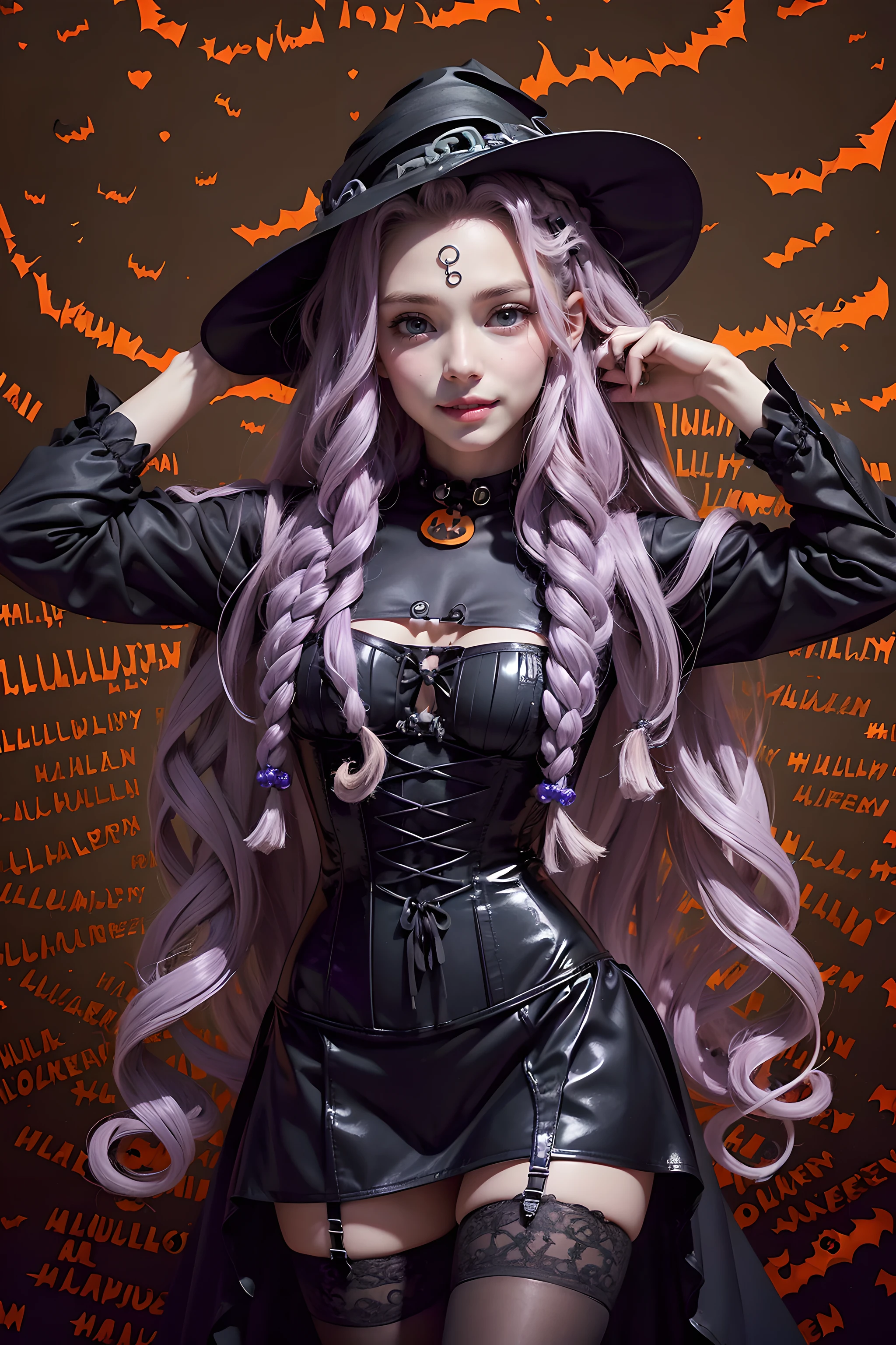 (Halloween theme:1.2), (fantasy:1.2), (dark theme:1.2), (film noir:1.3), monster girls, long hair, snakes, gorgon, snake hair, BREAK, Beautiful illustration, top-quality, (cute Russian medusa girl, white people:1.3, Caucasian:1.3), having medusa features, (medusa:1.5), BREAK, (medusa hair:1.5), (snake hair:1.3), (hair is composed of countless small snakes:1.3), (blue eyes, pale skin:1.1), (beautiful, 20 years old:1.5), slim, slender, (small-medium breasts), clean face:1.3, BREAK, (black elegant full lacy dress), (latex corset), (black latex stockings), (knee-high-over-boots, pin-hells), (insanely detailed clothes), BREAK, arms behind back, arms up on head, blue eyess, lovely thighs、jack o'lantern, (looking straight at the viewer), (view viewer:1.3), (upper body:1.3), top angle, (((halloween background:1.5))),