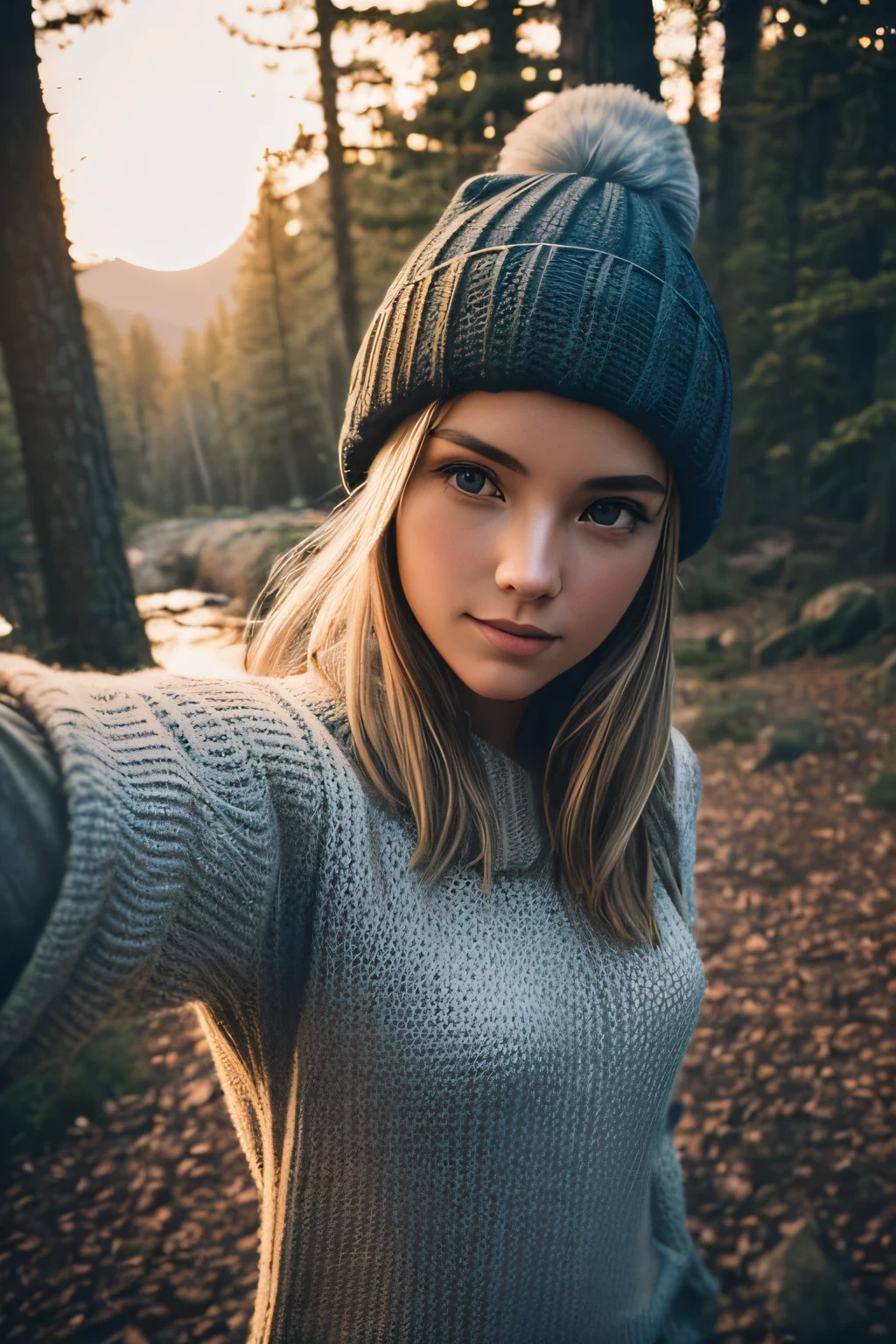 VeronicaCipher ((Upper body selfie, Happy)), masutepiece, of the highest quality, Ultra Detail, Solo, Outdoors, (Night), mont, Nature, (Star, Moon) Cheerful, Happy, hand armor, Sweaters, hat, flash lights, forest, Rock, River, Wood, Smoke, Shadow, Contrasty, crystal clear skies, analog style (look at viewr:1.2) (Skin Texture) (Film grain: 1.3), (Warm shades, Warm tones): 1.2), close-up, Cinematic Light, side lights, Ultra High Resolution, Best Shadow, raw, wearing pullover, kodak vision 3,