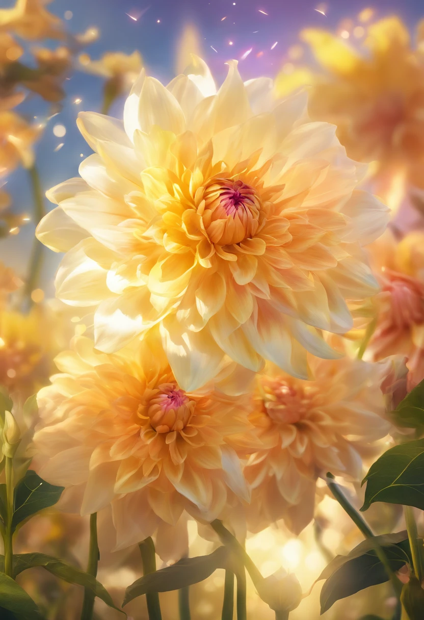There are yellow flowers with stars on the background, A delicate flower that shines brightly, giant dahlia flower head, Luminous flowers, Close-up of giant dahlia flower head, photorealistic detailed picture, Beautiful flowers, Draw flowers, Yellow glowing magic, rendered illustration, photorealistic highly detailed, photorealistic illustration, fotorrealista altamente detalhado, higher detailed illustrations, beautiful glowing backlit, light bloom sunlight, hyper photorealism, Cinematic lighting, Chiaroscuro, hyper HD, hyper HD, Masterpiece, Anatomically correct, Super detail, High quality, Award-Awarded, Best quality, A high resolution, A high resolution, 1080p, HD, 4K, 8K, 16k