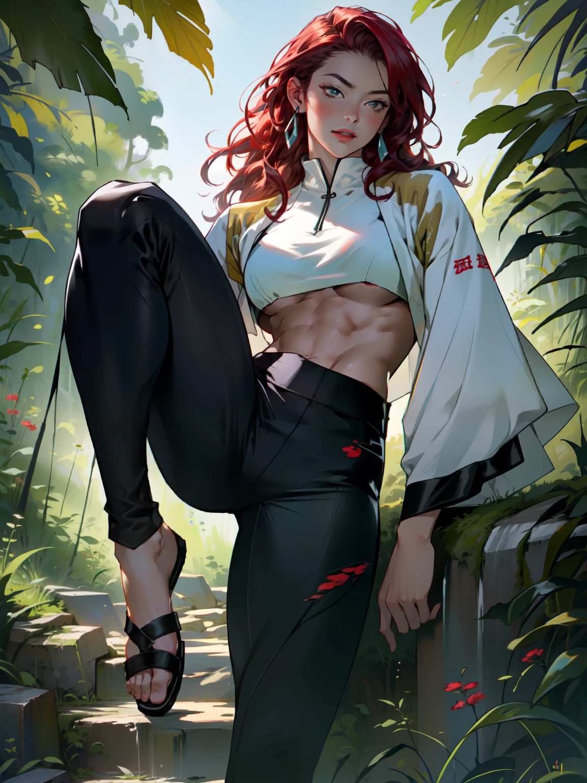((Best quality)), ((masterpiece)), ((realistic)), ((beautiful female martial artist)), (milf:1.3), (arrogant woman:1.4) standing tall, her slender form glistening in the golden rays of a summer sunrise. Her eyes, a captivating shade of emerald, pierce through the tranquility of the morning. Her fiery red hair cascades, contrasting with the vibrant green of the surrounding foliage. With each step, her muscular thighs and perfect muscular long legs portray a sense of power and grace. The tranquil scene unfolds, capturing a moment of raw beauty and confidence on eye level, scenic, masterpiece, (bare torso:1.1), abs, (female focus:1.5), very muscular ripped body, ultra sharp, (sexual suggestive)), traditional marcial artist costume