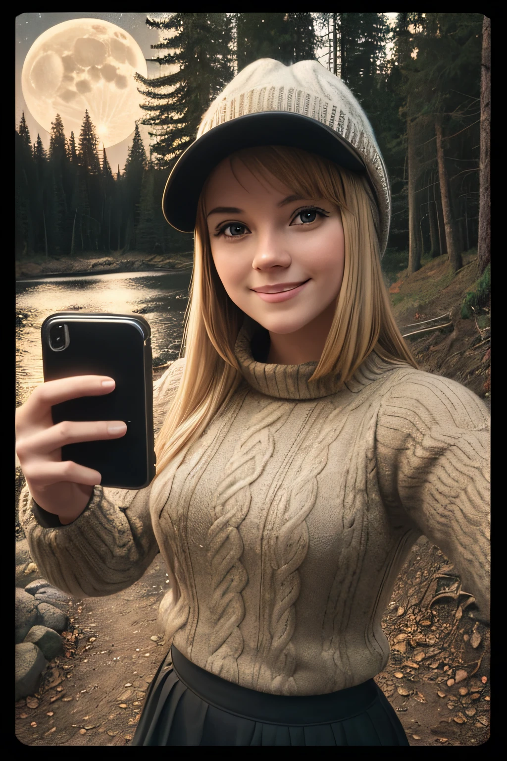 VeronicaCipher ((Upper body selfie, Happy)), masutepiece, of the highest quality, Ultra Detail, Solo, Outdoors, (Night), mont, Nature, (Star, Moon) Cheerful, Happy, hand armor, Sweaters, hat, flash lights, forest, Rock, River, Wood, Smoke, Shadow, Contrasty, crystal clear skies, analog style (look at viewr:1.2) (Skin Texture) (Film grain: 1.3), (Warm shades, Warm tones): 1.2), close-up, Cinematic Light, side lights, Ultra High Resolution, Best Shadow, raw, wearing pullover, kodak vision 3,