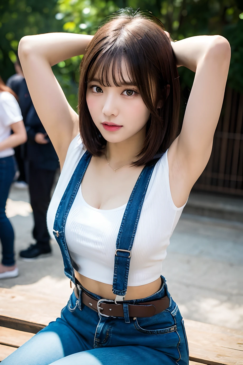 ​masterpiece、top-quality、The ultra -The high-definition、、colourfull、flat-colors、depth of fields、lens flare 1 girl、、A dark-haired、watching at viewers　　　Black Cutter Shirt　a belt　black suspenders　Social OL　　　ample bosom　JINS　jeans　 Face sitting
Waiting to start　 Armpit sweat　perspiring　Side of both hands　huge-breasted　Interparial