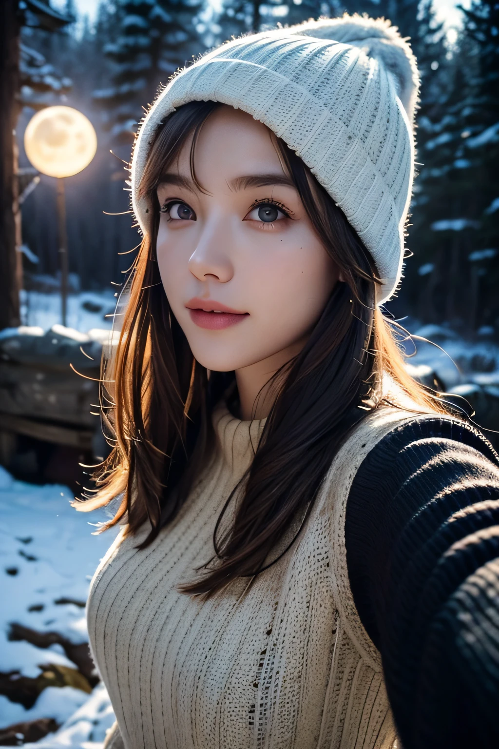 VeronicaCipher ((Upper body selfie, Happy)), masutepiece, of the highest quality, Ultra Detail, Solo, Outdoors, (Night), mont, Nature, (Star, Moon) Cheerful, Happy, hand armor, Sweaters, hat, flash lights, forest, Rock, River, Wood, Smoke, Shadow, Contrasty, crystal clear skies, analog style (look at viewr:1.2) (Skin Texture) (Film grain: 1.3), (Warm shades, Warm tones): 1.2), close-up, Cinematic Light, side lights, Ultra High Resolution, Best Shadow, raw, wearing pullover, kodak vision 3,