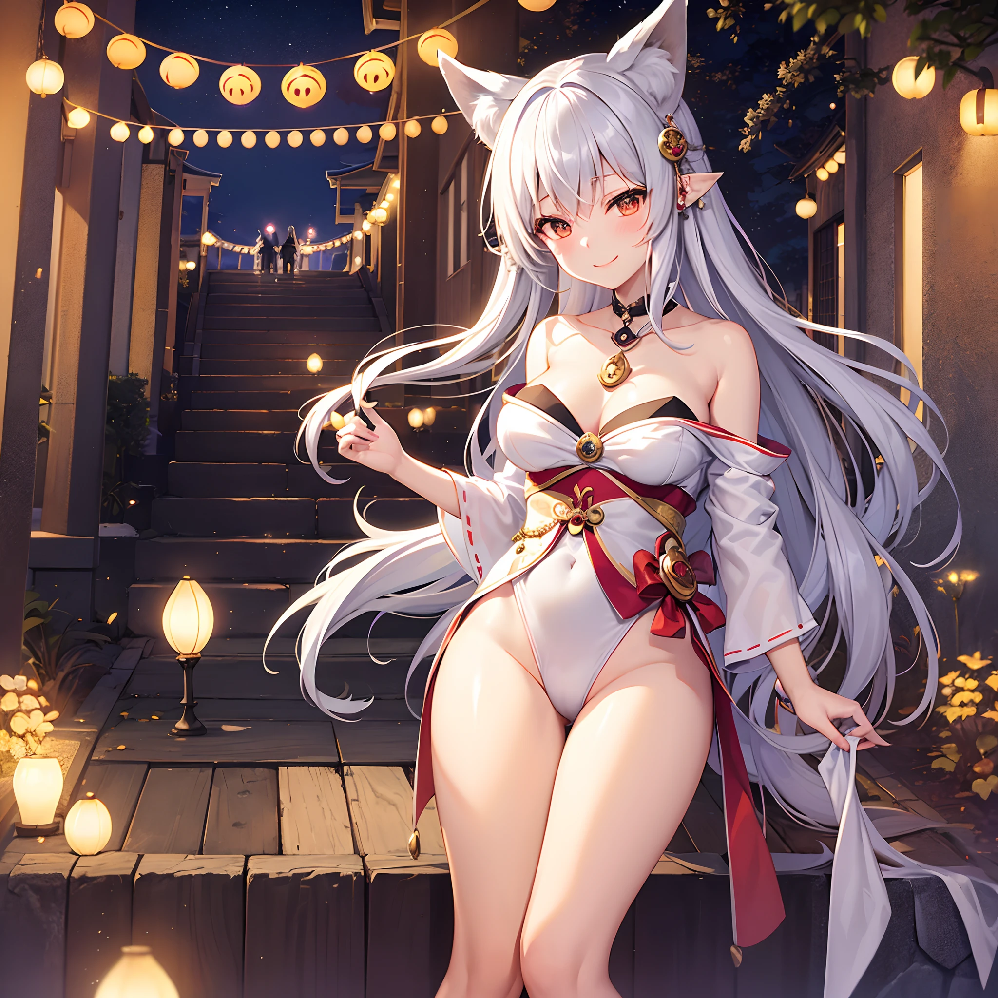 masterpiece best quality mid night Fox-eared beauty Cute girl with silver hair Greet them with a smile Priestess clothing torii gate stairway Fantastical Mystical Wonderland Taiko Bridge in the city of Kyoto bru The Other World and This World: The Cute Fox Child Night Illusions
Japan festival Halloween