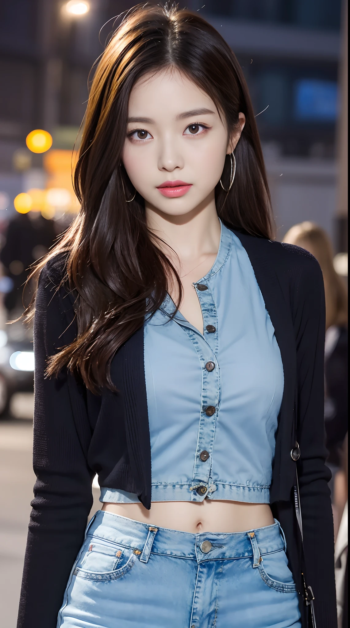 （（midynight， Acura， 8K， tmasterpiece： 1.3））， full bodyesbian， long leges， Focalors： 1.2， perfect figure beautiful woman： 1.4， Slim abs： 1.1， （dark brown  hair，： 1.2 ））， （Skinny cardigan， Denim skirt）， （city night scene， the roof： 1.3））， Highly Detailed Face and Skin Textur， detailedeyes， 二重まぶた， halfway