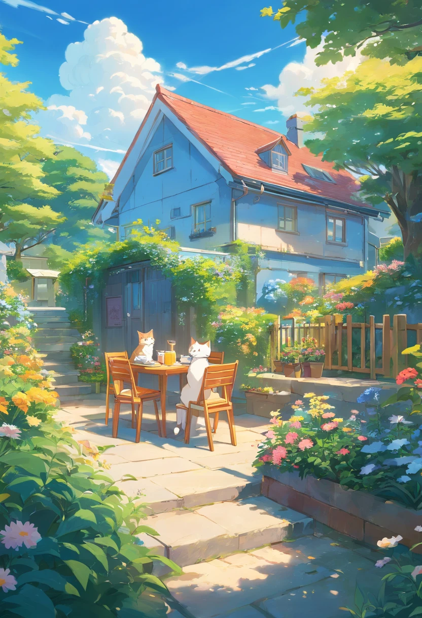 Scottish folding cat, Lovely, Eating breakfast, trpical garden, House in the distance. Blue sky.