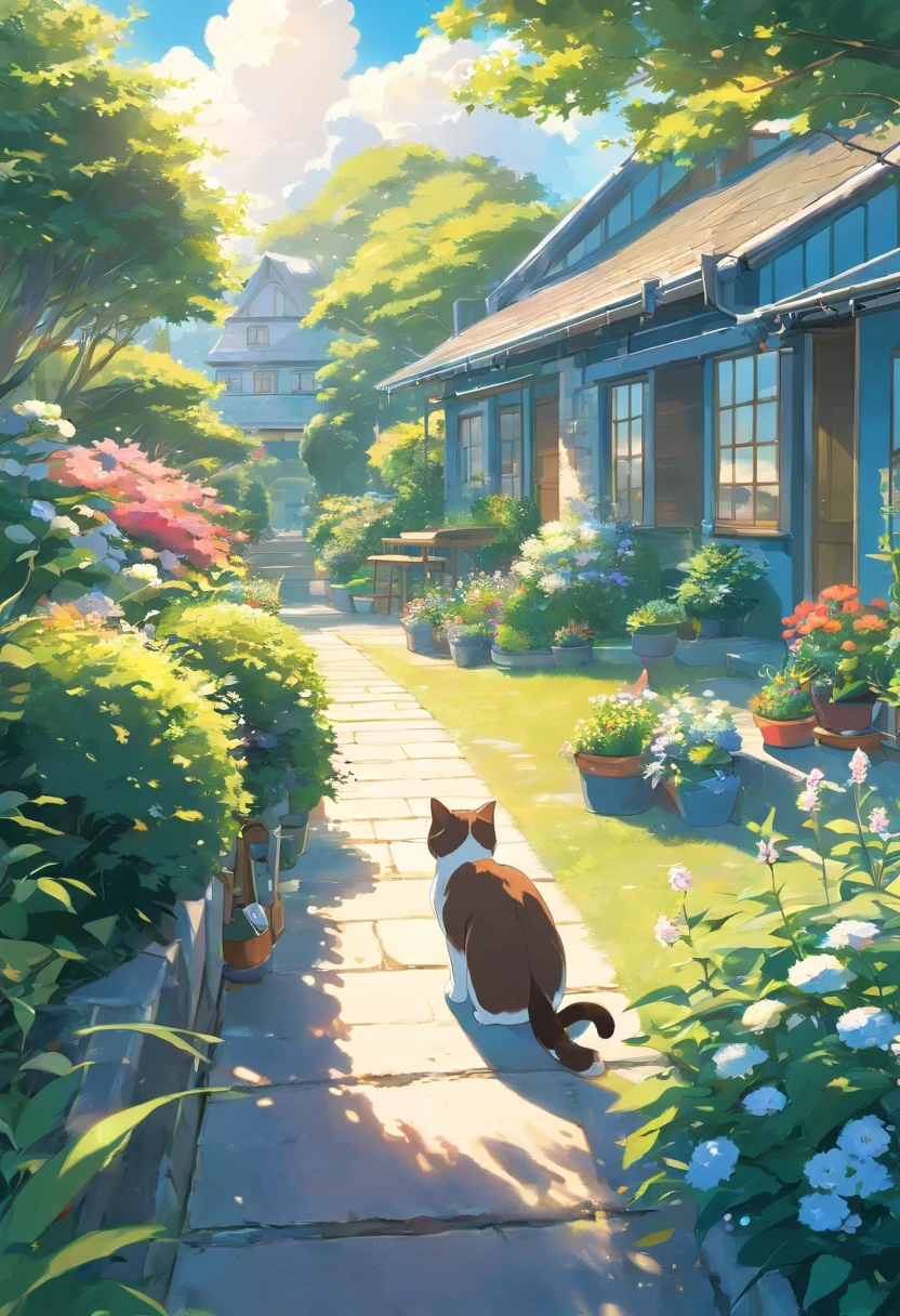 Scottish folding cat, Lovely, Eating breakfast, trpical garden, House in the distance. Blue sky.