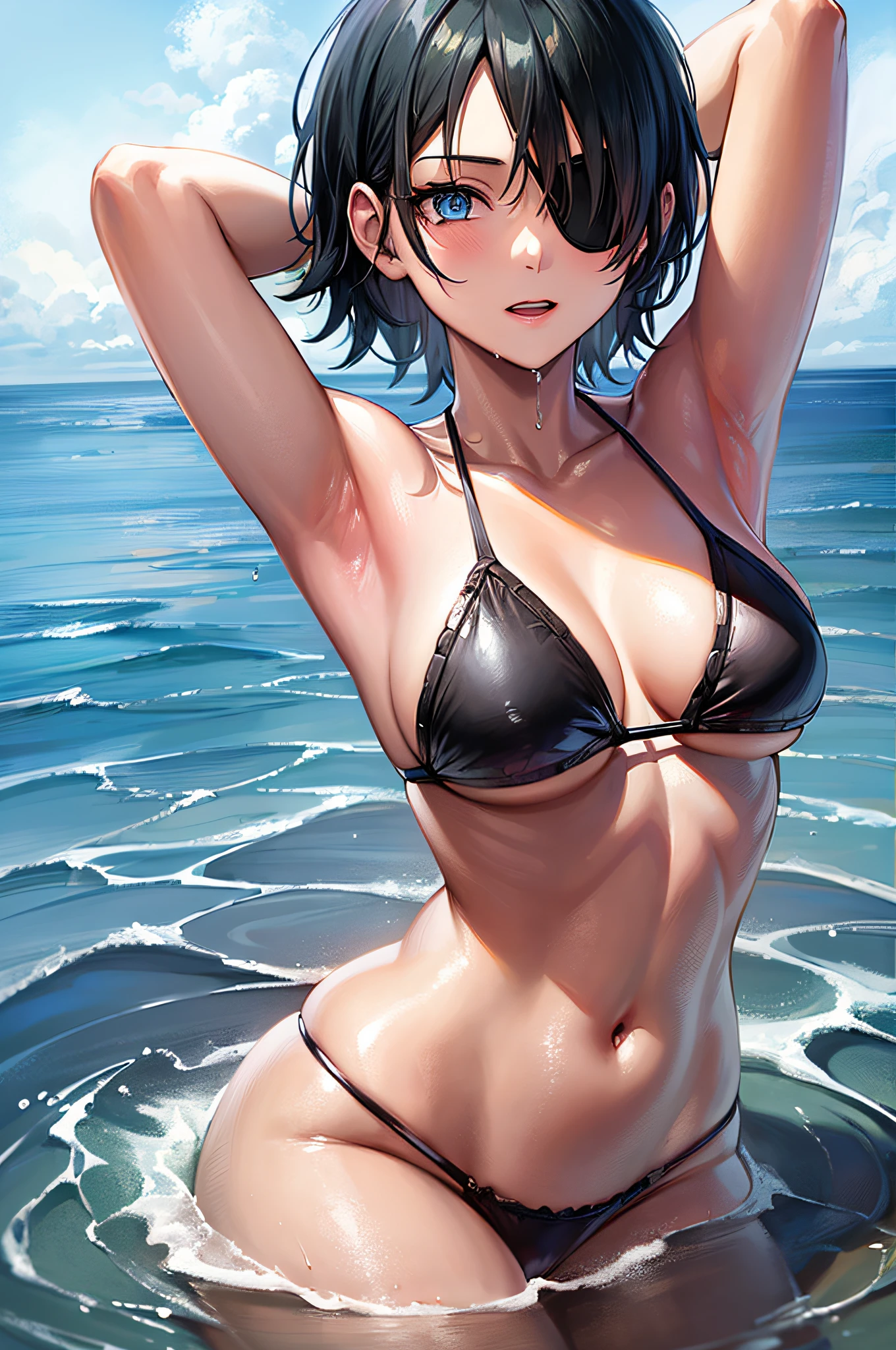 1girl, hmn1, Short hair, Black hair, Blue eyes, (an eye patch:1.1), 
BREAK (black bikini:1.2), medium breasts, Naked, Exposed skin, Wet skin, (arms behind head, armpits),
BREAK  (sea:1.2), beach, (solar:1.2),
BREAK looking at viewer, 
BREAK (masutepiece:1.2), Best Quality, High resolution, Unity 8k壁纸, (Illustration:0.8), (Beautiful detailed eyes:1.6), extra detailed face, Perfect Lighting, extremely details CG, (Perfect hands, Perfect Anatomy)