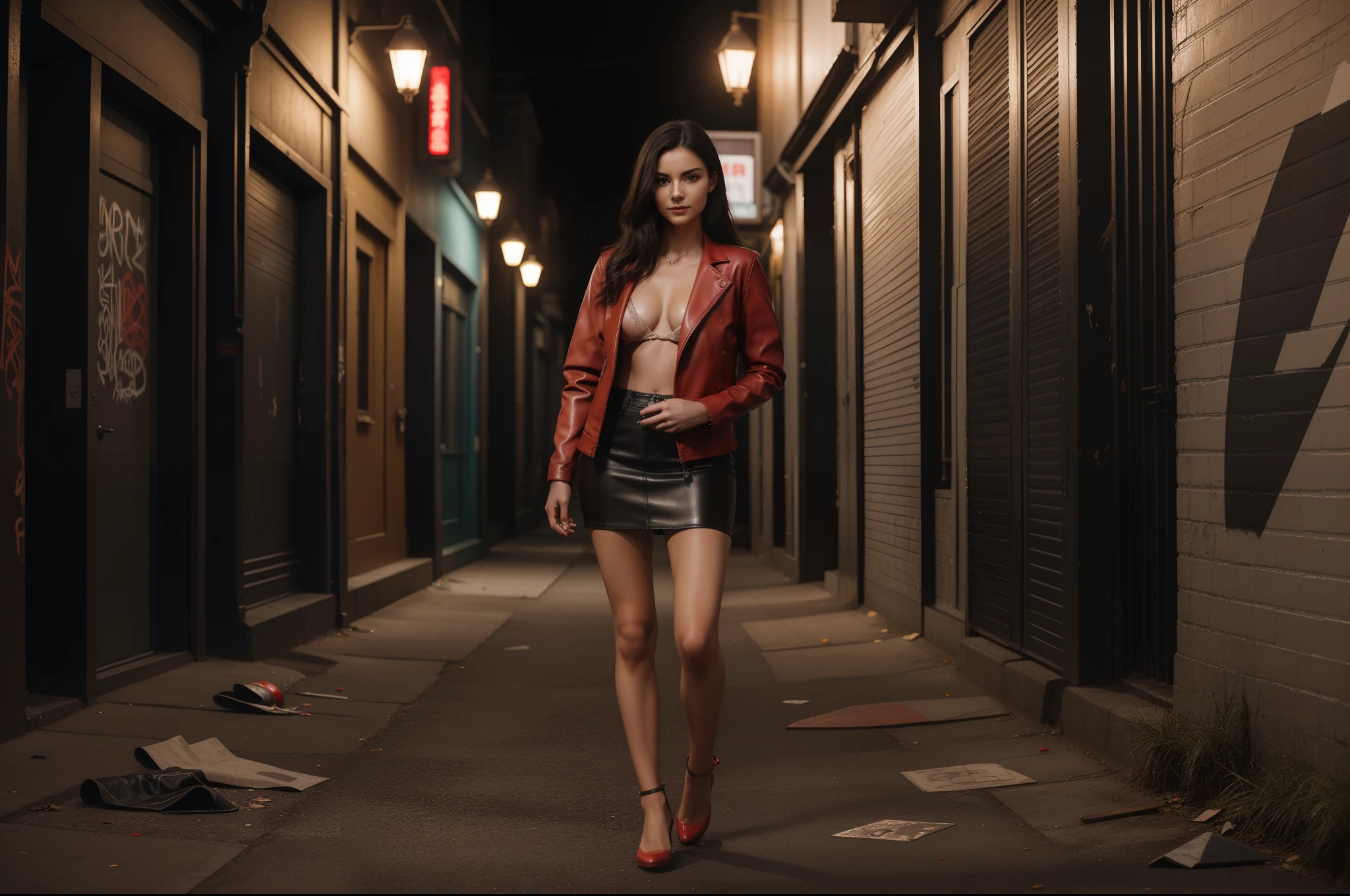 ((full-body, cinematic-shot)),(best quality,4k,8k,highres,masterpiece:1.2),ultra-detailed,(realistic,photorealistic,photo-realistic:1.37),(((1girl))),(18years old),[the face is combination of (((irene1:1.2))) and (((Excella_er5:1.2)))],(sharp focus:1.5),beautiful detailed brown eyes,pearl skin,(skin pores:1.1),extremely detailed face and skin texture,(skin texture:1.1),black hair,tall and slender body,(192cm tall),thin and delicate figure,graceful posture,strong and defined muscles,flawless skin,defined abs,perfect curves,feminine appearance,beautiful long legs,embodying elegance and beauty,happy expression,full-smile,cleavage breasts,((wearing a red color leather jacket:1.3)),(no panty),(ultra-short mini-skirt),vibrant colors,extremely detailed and realistic (red) clothes,(colorful),(film grain:1.3),naughty girl in the alley,dark and mysterious location,graffiti-covered walls,abandoned objects and garbage,moonlit night scene,best quality,ultra-detailed,realistic,urban art style,vivid colors,night shadows,street lamp,gritty atmosphere,rebellious age girl,sneaky and mischievous expression,torn jeans skirt,unique graffiti on the walls,blurry neon lights in the distance,city sounds in the background,edgy and youthful energy,mysterious aura,faint cigarette smoke in the air,hint of rain on the ground,adventure and excitement in her eyes,exaggerated shadows,dark palette with pops of vibrant colors,eerie ambiance,hint of danger,vibrant color,professional photography.