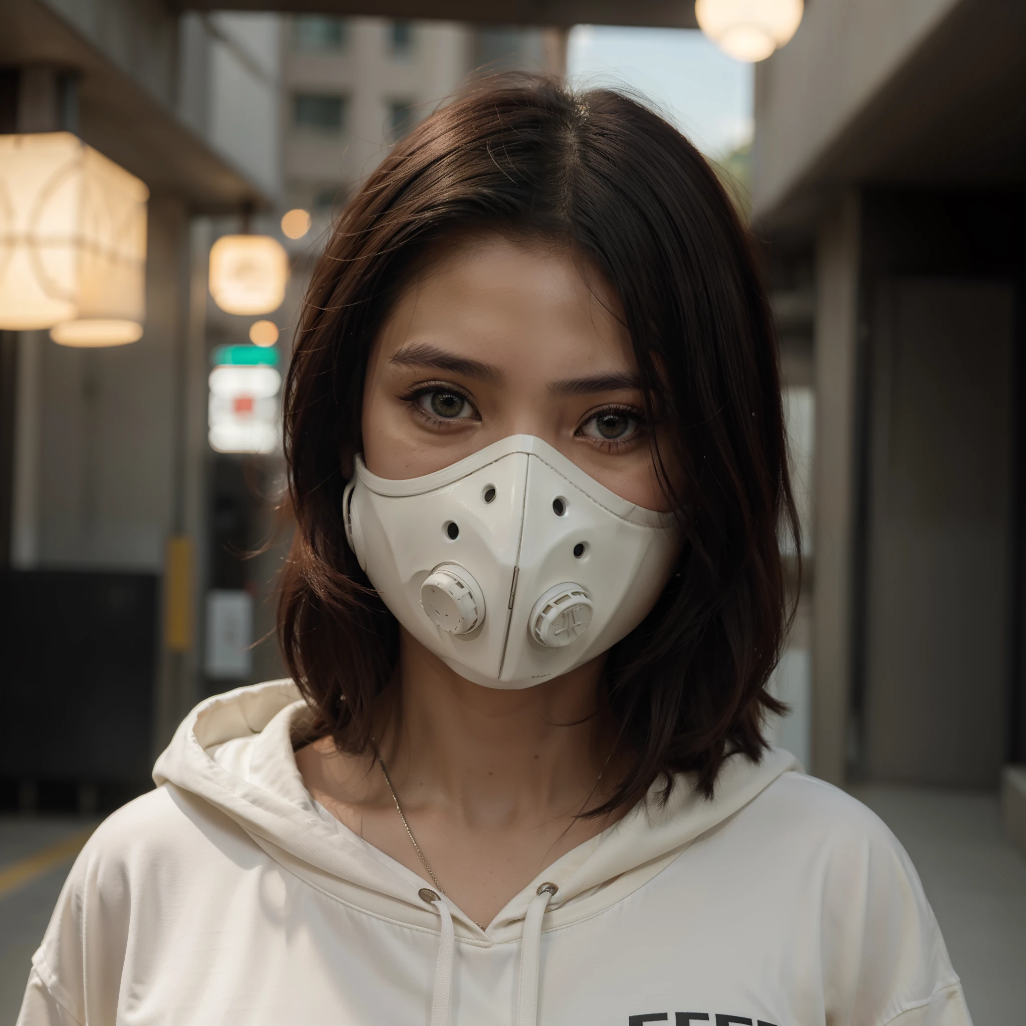 Young malay girl of 20 years of age, gran trasero y grandes senos, cabello color rojo, usando una sudadera blanca, con capucha, with a Cyberpunk-style gas mask, muy detallado cg, textura detallada, hiperrealista, 8 k resolution, 32k resolution, cinematic lighting, high resolution, ojos color verde intenso,