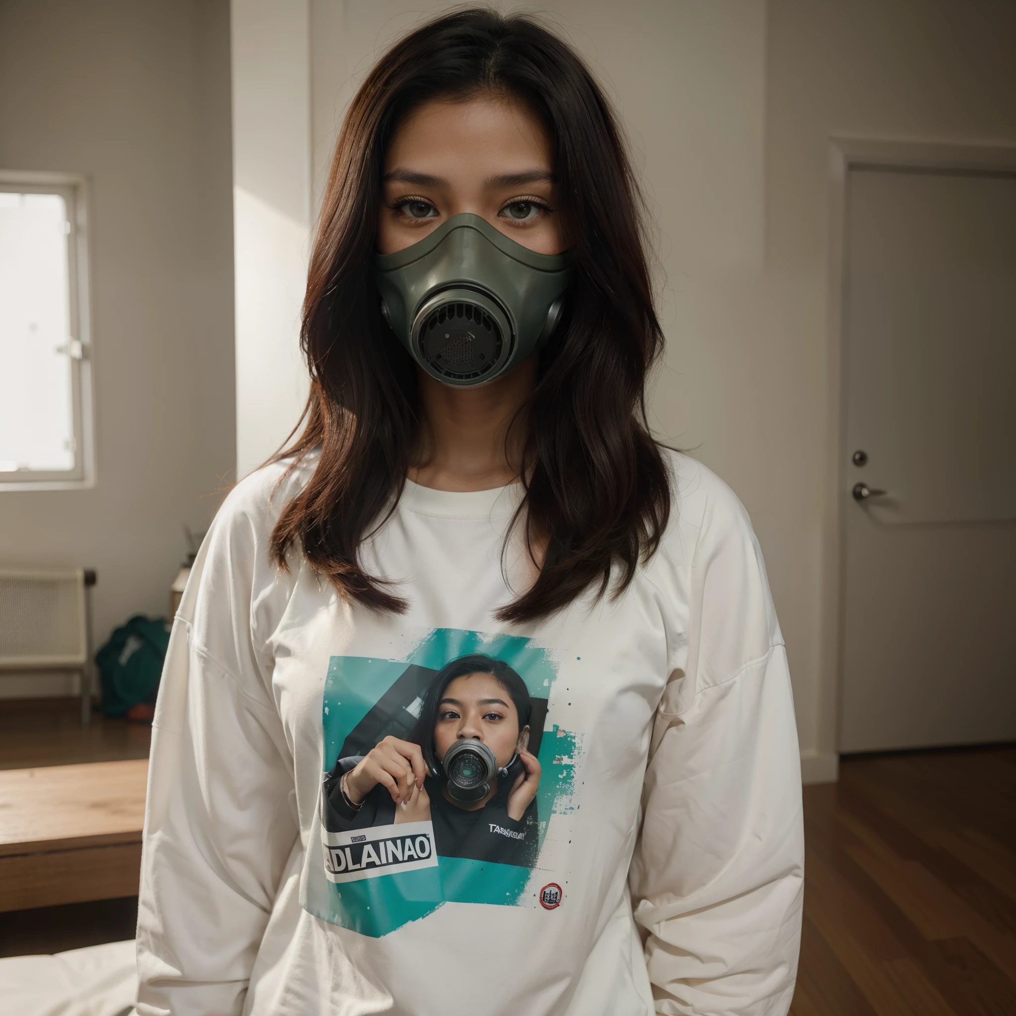 Young malay girl of 20 years of age, gran trasero y grandes senos, cabello color rojo, usando una sudadera blanca, con capucha, with a Cyberpunk-style gas mask, muy detallado cg, textura detallada, hiperrealista, 8 k resolution, 32k resolution, cinematic lighting, high resolution, ojos color verde intenso,