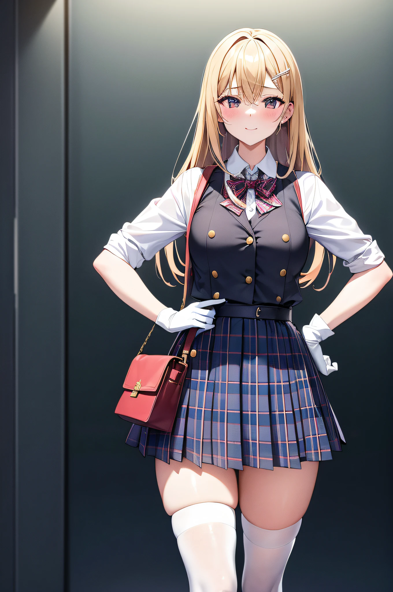 A girl in school dress, A handbag on the shoulder, A handbag on the shoulder, 1 girl, bag, Blonde hair, full bodyesbian, mitts, Hands on hips, 手拿手提包, Long hair, Looking at the audience, tartan, Plaid skirts, Pleated skirt, school uniform, shokuhou misaki, Skirt, Smile, Solo, Spider Web Print, pupils in symbol shapes, upper legs, Transparent background, White gloves, white legwear, zettai ryouiki