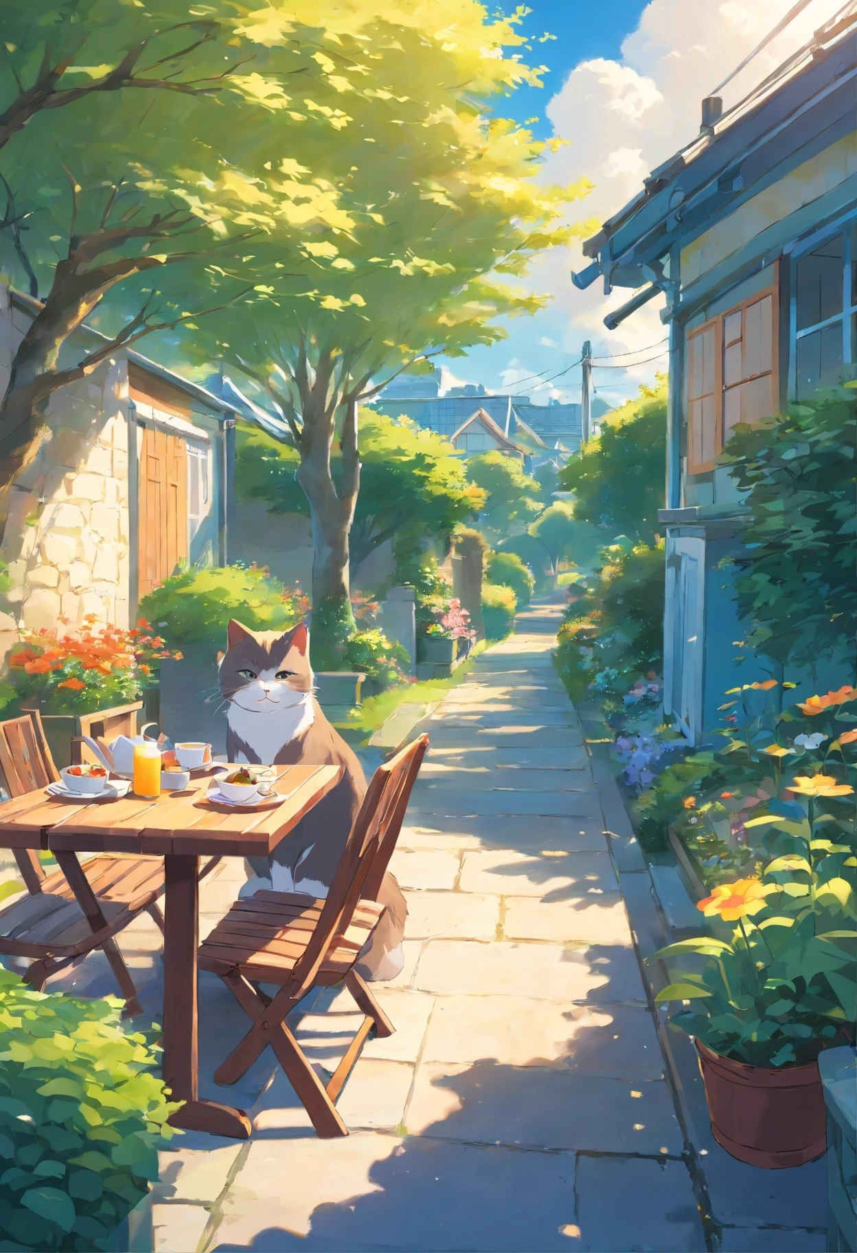 Scottish folding cat, Lovely, Eating breakfast, trpical garden, House in the distance. Blue sky.