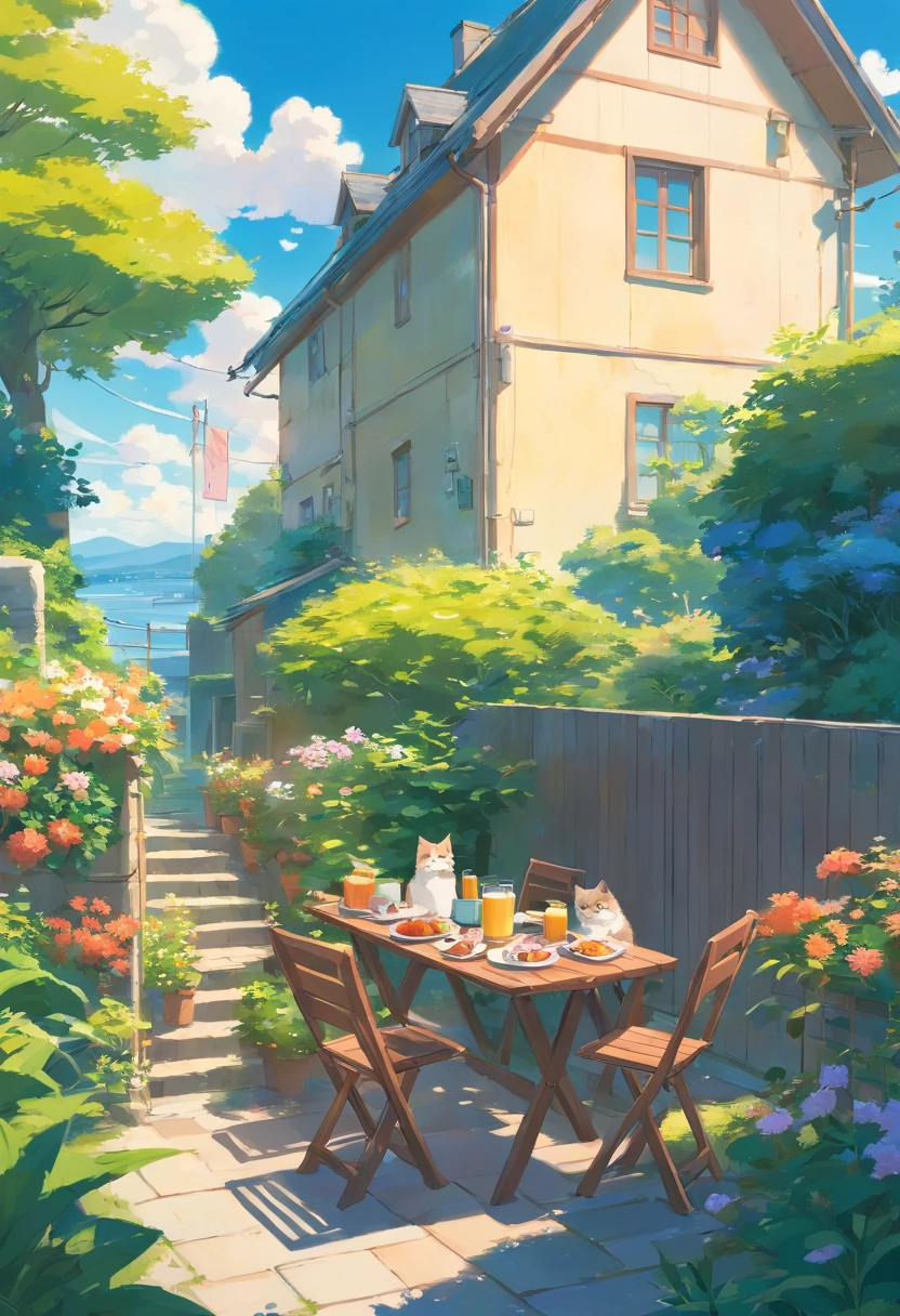 Two Scottish folding cats, Lovely, Eating breakfast, trpical garden, House in the distance. Blue sky.