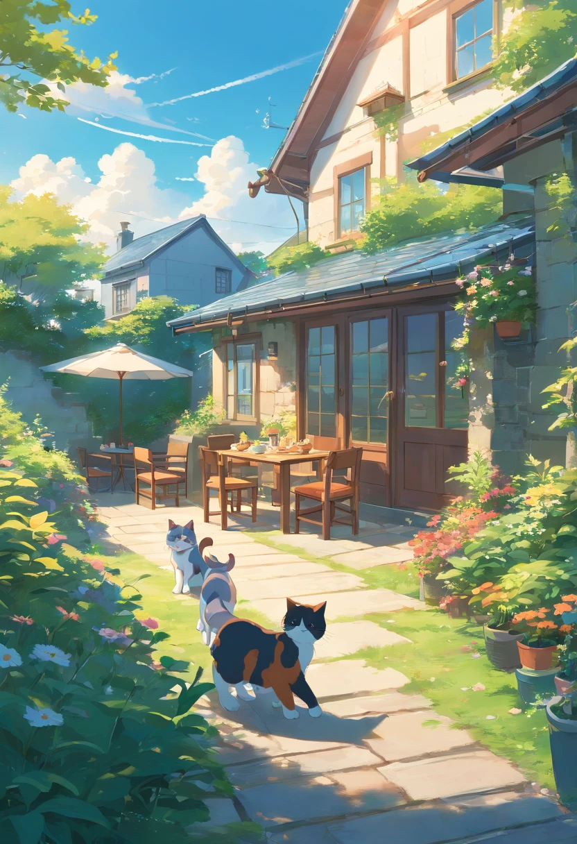 Two Scottish folding cats, Lovely, Eating breakfast, trpical garden, House in the distance. Blue sky.