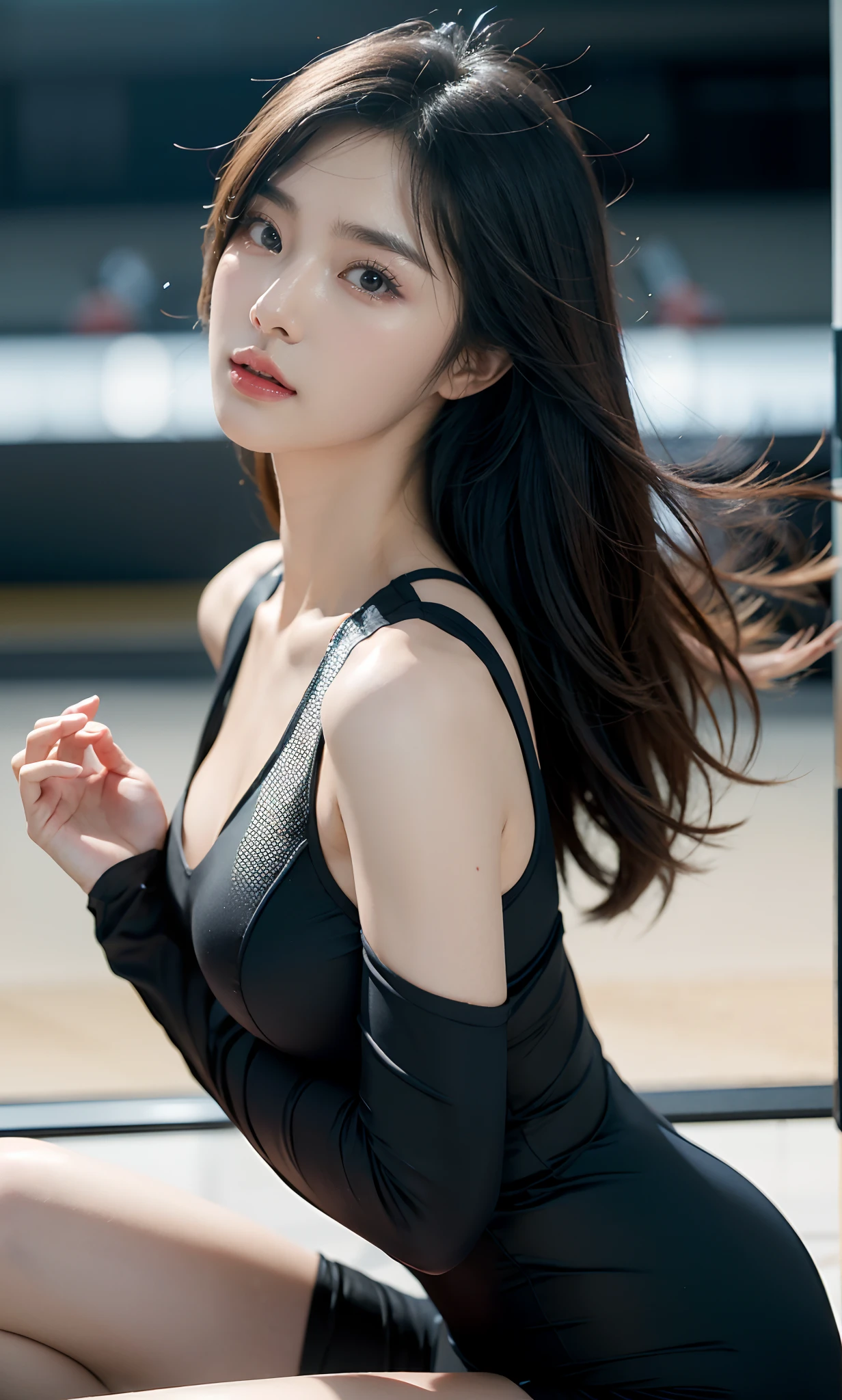 20-year-old Korean girl, Korean idol style,Masterpiece, Best Quality, Photorealistic, Raw foto, 1_girls,long_heads, large full breasts,Sexy Pose, Breast exposure:1.2, race queen,race_Queen,Racing Queen Clothes,Detailed skins, pore, Low Key,diffusion_legged, ((Racing Arena:1.5)),seducing_face,captivating_posando,little_Cute_girl,hazy_light_Background with,Korean, beauty, Sexy Woman