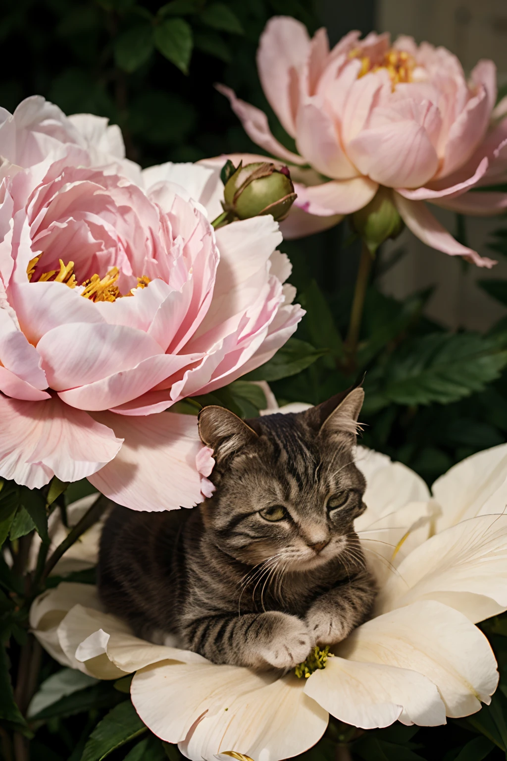 very small cat sleeping on peony flower pistil