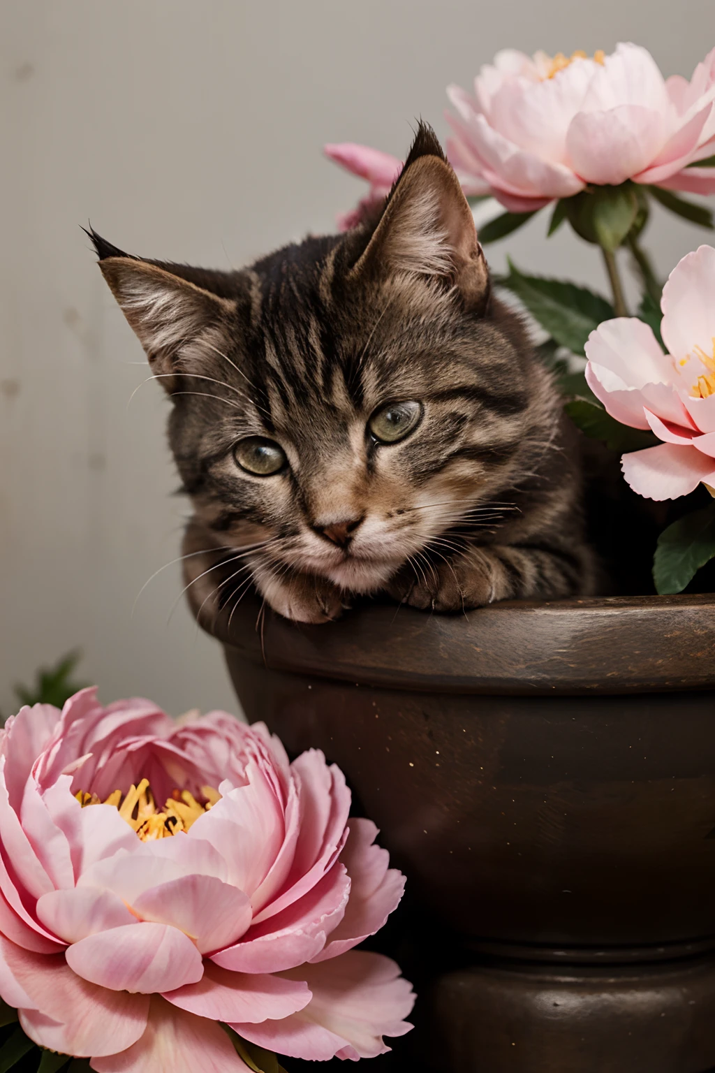 very small cute cat sleeping on peony flower