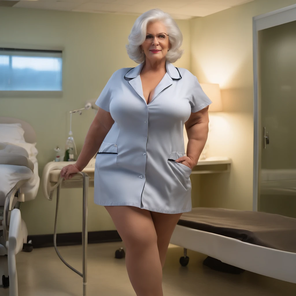 FULL BODY PHOTO, plus size curvy 65 years old sexy pretty woman showing her HUGE BIG BOOTY AND HUGE BIG BREATS, wearing a sexual nurse lingerie fantasy (random colors) and pantyhose, sensual look to the camera, random sexual and glamorous photo pose, short white hair, inside a hospital room, photo sessions, Photorealistic, thoughtfully cinematic, super-detailed, hyper-realistic, low-light ambience
