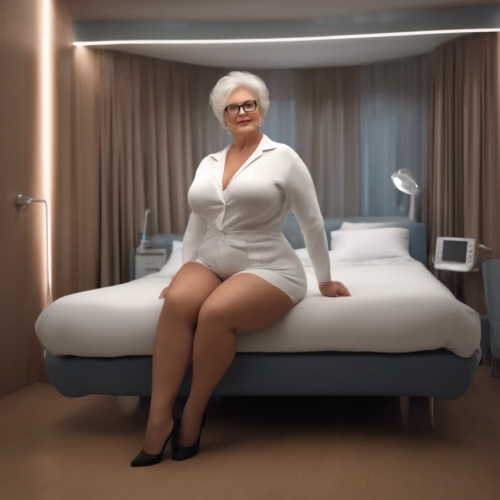 FULL BODY PHOTO, plus size curvy 65 years old sexy pretty woman showing her HUGE BIG BOOTY AND HUGE BIG BREATS, wearing a sexual nurse lingerie fantasy (random colors) and pantyhose, sensual look to the camera, random sexual and glamorous photo pose, short white hair, inside a hospital room, photo sessions, Photorealistic, thoughtfully cinematic, super-detailed, hyper-realistic, low-light ambience