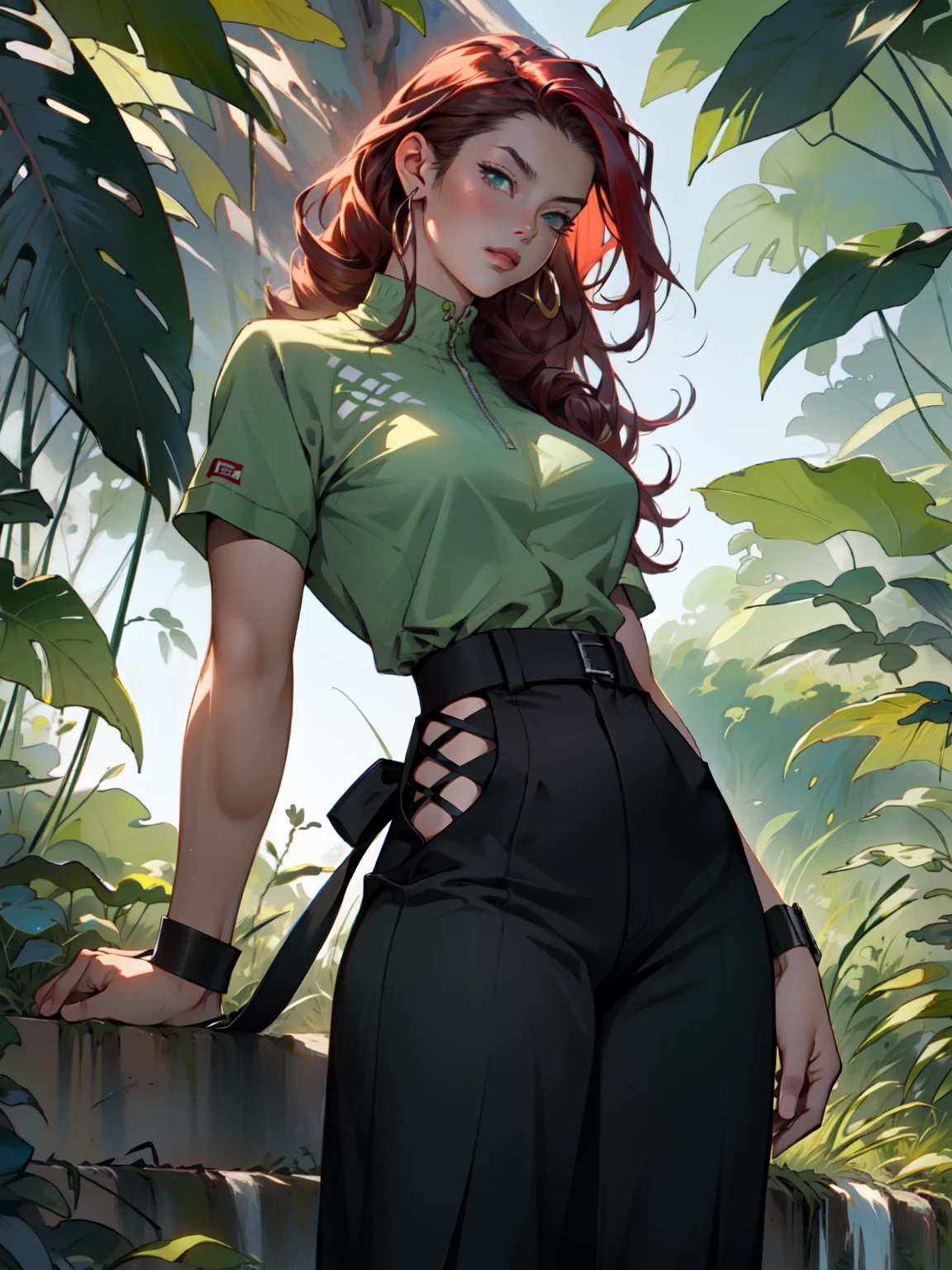 ((Best quality)), ((masterpiece)), ((realistic)), ((beautiful female martial artist)), (milf:1.3), (arrogant woman:1.4) standing tall, her slender form glistening in the golden rays of a summer sunrise. Her eyes, a captivating shade of emerald, pierce through the tranquility of the morning. Her fiery red hair cascades, contrasting with the vibrant green of the surrounding foliage. With each step, her muscular thighs and perfect muscular long legs portray a sense of power and grace. The tranquil scene unfolds, capturing a moment of raw beauty and confidence on eye level, scenic, masterpiece, (bare torso:1.1), abs, (female focus:1.5), very muscular ripped body, ultra sharp, (sexual suggestive)), traditional marcial artist costume, very thin waist, huge hips