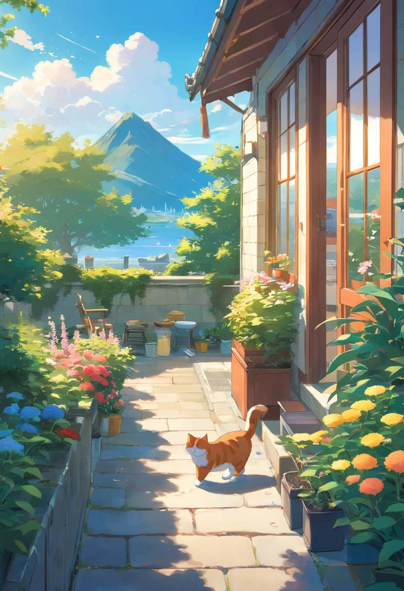 Scottish folding cat, Lovely, Eating breakfast, trpical garden, House in the distance. Blue sky.