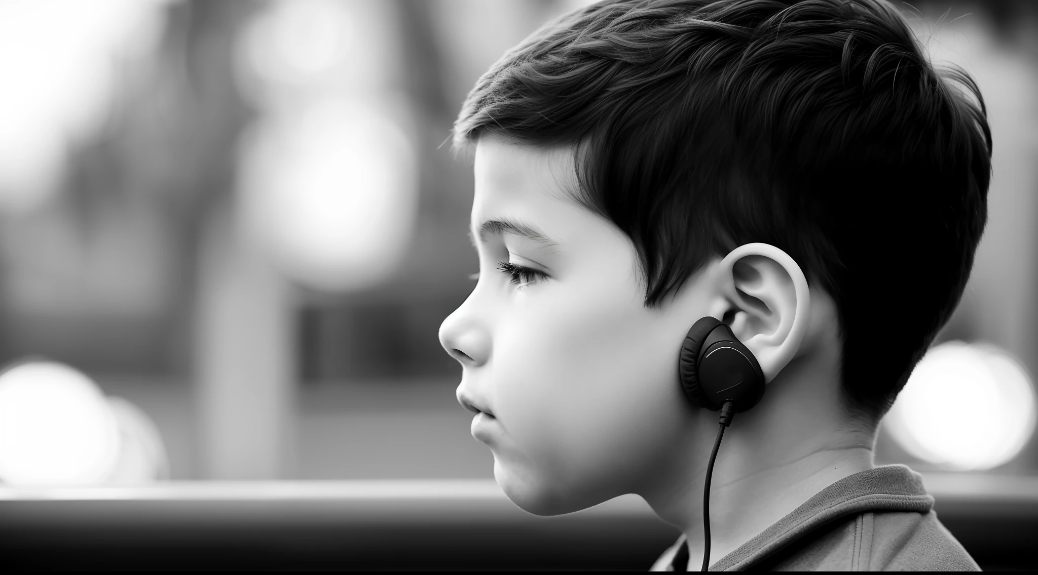 Black and white photo of a boy in profile listening to music with handsfree