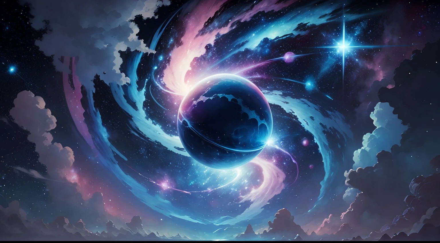 Blue and pink space of all planets on bright white star background Miyazaki style，Swirling starry sky colors