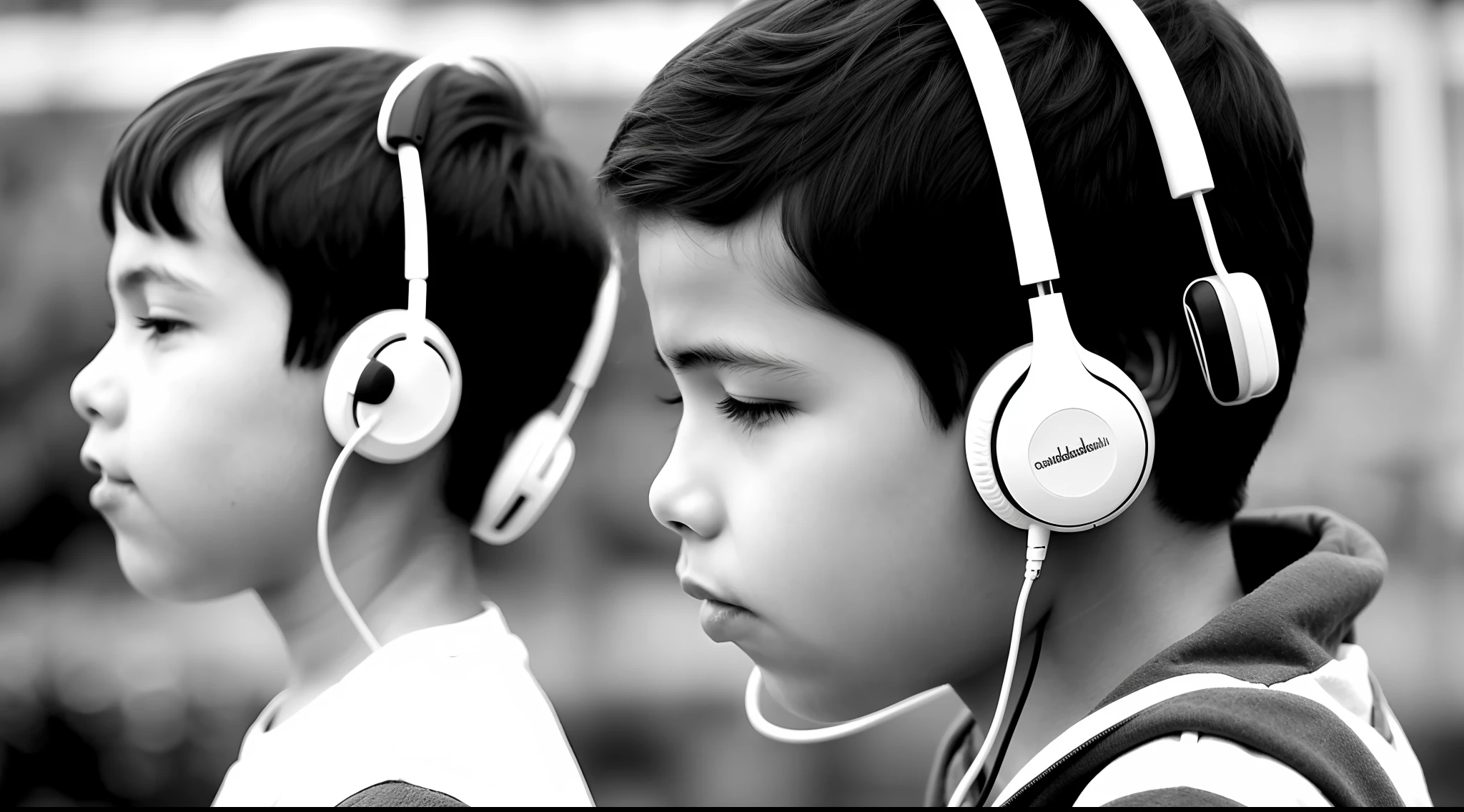 Black and white photo of a boy in profile listening to music with handsfree