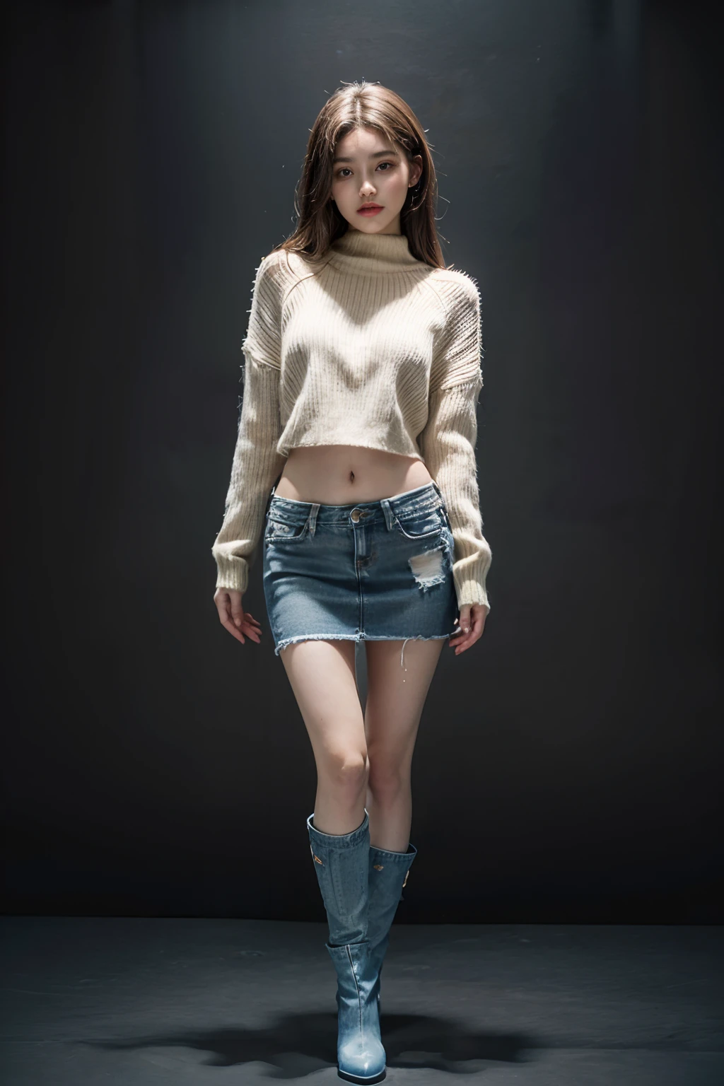 top-quality, masterpiece, hight resolution, 8K, (realisitic: 1.4), 超A high resolution, 1 rapariga, ultra-detailliert, surreal, High Definition CG Illustration, Official Art, ciinematic light, Realisticity, Young beautiful girl, Perfect figure, Perfect figure, Full View, the perfect body, (from bellow: 1.3), masks, the pose, Sexy long legs, Confident、Beautiful Sexy、open abdomen,、S-shaped body、different perspectives、 ((wide open abdomen))、((open abdomen))、((wide open navel))、((open navel))、((Bare belly))、((Mid-Riff Sweater))、((Ultra-low rise、Denim Mini Skirt))、 ((Navel Ejection))、((small hips))、((Full body depiction))、((small hip))、(boots)、((Ultra-low rise))、 ((Denim Mini Skirt))、((is standing))、
