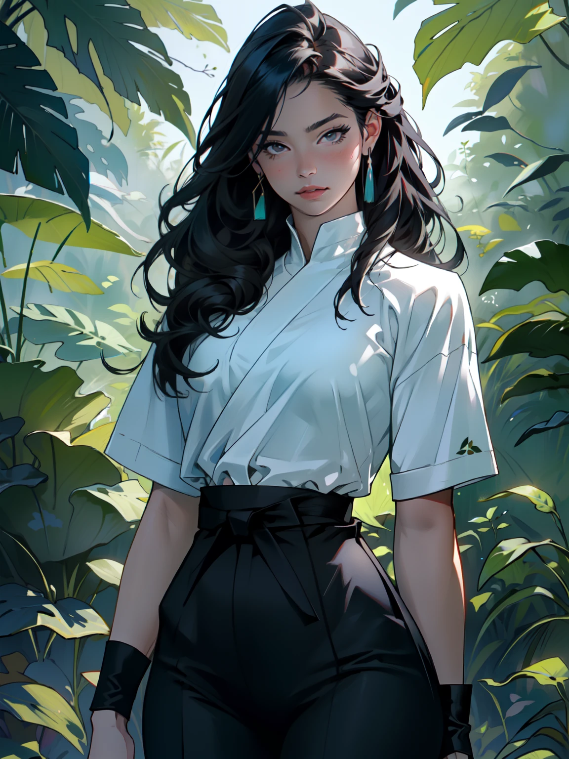 ((Best quality)), ((masterpiece)), ((realistic)), ((beautiful female martial artist)), (milf:1.3), (arrogant woman:1.4) standing tall, her slender form glistening in the golden rays of a summer sunrise. Her eyes, a captivating shade of emerald, pierce through the tranquility of the morning. Her fiery dark blue hair cascades, contrasting with the vibrant green of the surrounding foliage. With each step, her muscular thighs and perfect muscular long legs portray a sense of power and grace. The tranquil scene unfolds, capturing a moment of raw beauty and confidence on eye level, scenic, masterpiece, (bare torso:1.1), abs, (female focus:1.5), very muscular ripped body, ultra sharp, (sexual suggestive)), traditional marcial artist costume, very thin waist, huge hips