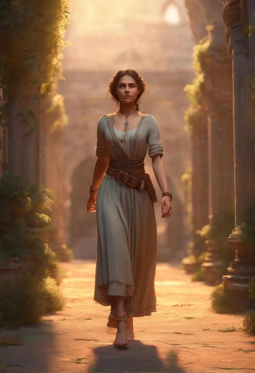 Slave girl in old dress with hazel eyes and brown hair barefoot walking in shackles