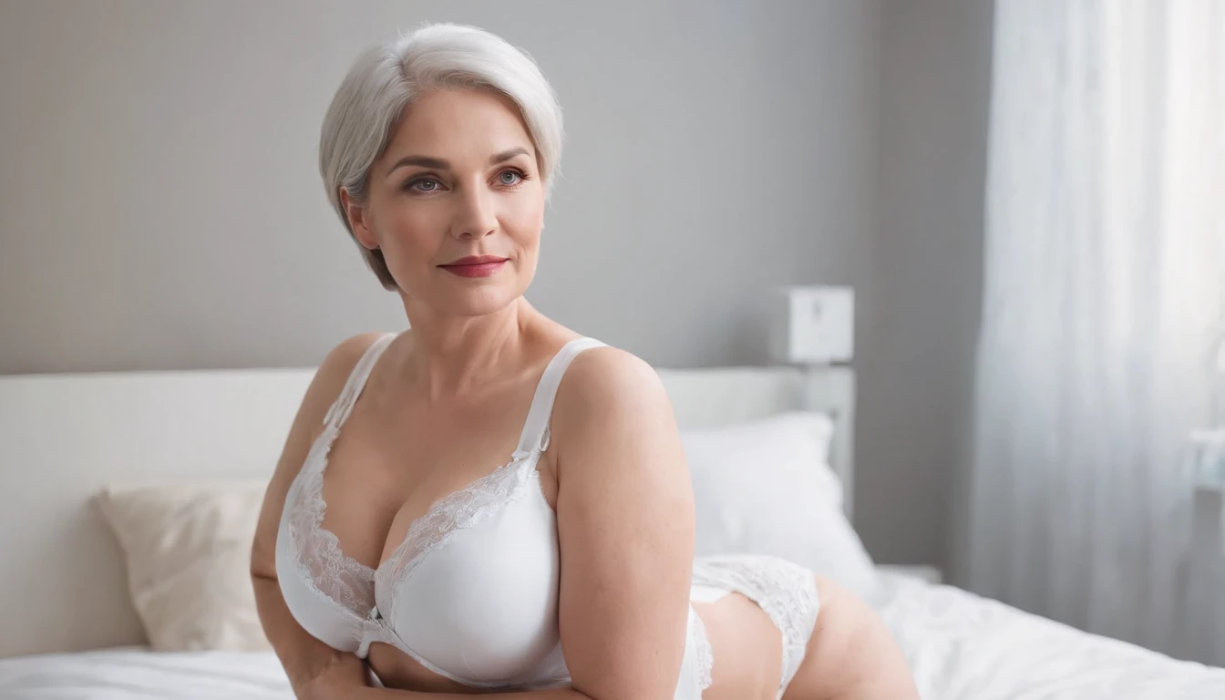FULL BODY PHOTO, plus size curvy 65 years old sexy pretty woman showing her HUGE BIG BOOTY AND HUGE BIG BREATS, wearing a sexual nurse lingerie (random colors) and pantyhose, sensual look to the camera, random sexual and glamorous photo pose, short white hair, inside a hospital room, photo sessions, Photorealistic, thoughtfully cinematic, super-detailed, hyper-realistic, low-light ambience