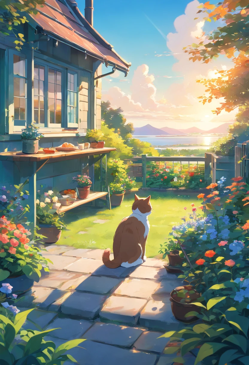 Scottish folding cat, Have breakfast, trpical garden, House in the distance. Blue sky.