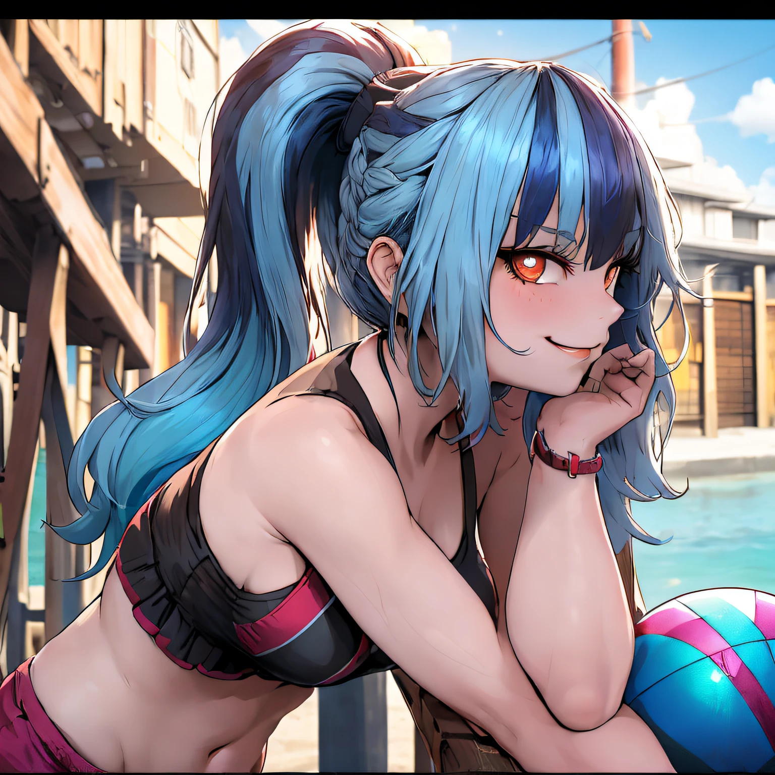 MLPSONATA, (1girl, beautiful smile, beach balleyball, looking at viewer, sky, blue hair, bikini, sea, red glowing eyes, clouds, sun, beach, ponytail, summer:1.4), thin body, Thin leg, (Best Quality,4k,8K,high resolucion,Masterpiece:1.2),Ultra-detailed,realisitic:1.37,Vivid colors,studio lit, Huge hair, Abundant hair, ldisheveled hair, Messy hair