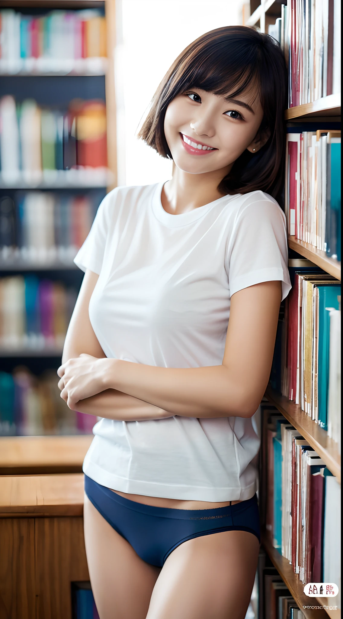 (((The color is dark navy blue only panties)))、((white t-shirts))、((1人))、(((short-hair)))、((Pose cutely))、((book library))、((18 year old beautiful girl))、A slight smil、((Outstanding style))、A sexy、Photorealsitic、Beautiful detailed eyes、Hyper-Realism、highcontrast、Ultra HD、realistic skin textures、Top image quality、top-quality、超A high resolution、Fine details、Very meticulously