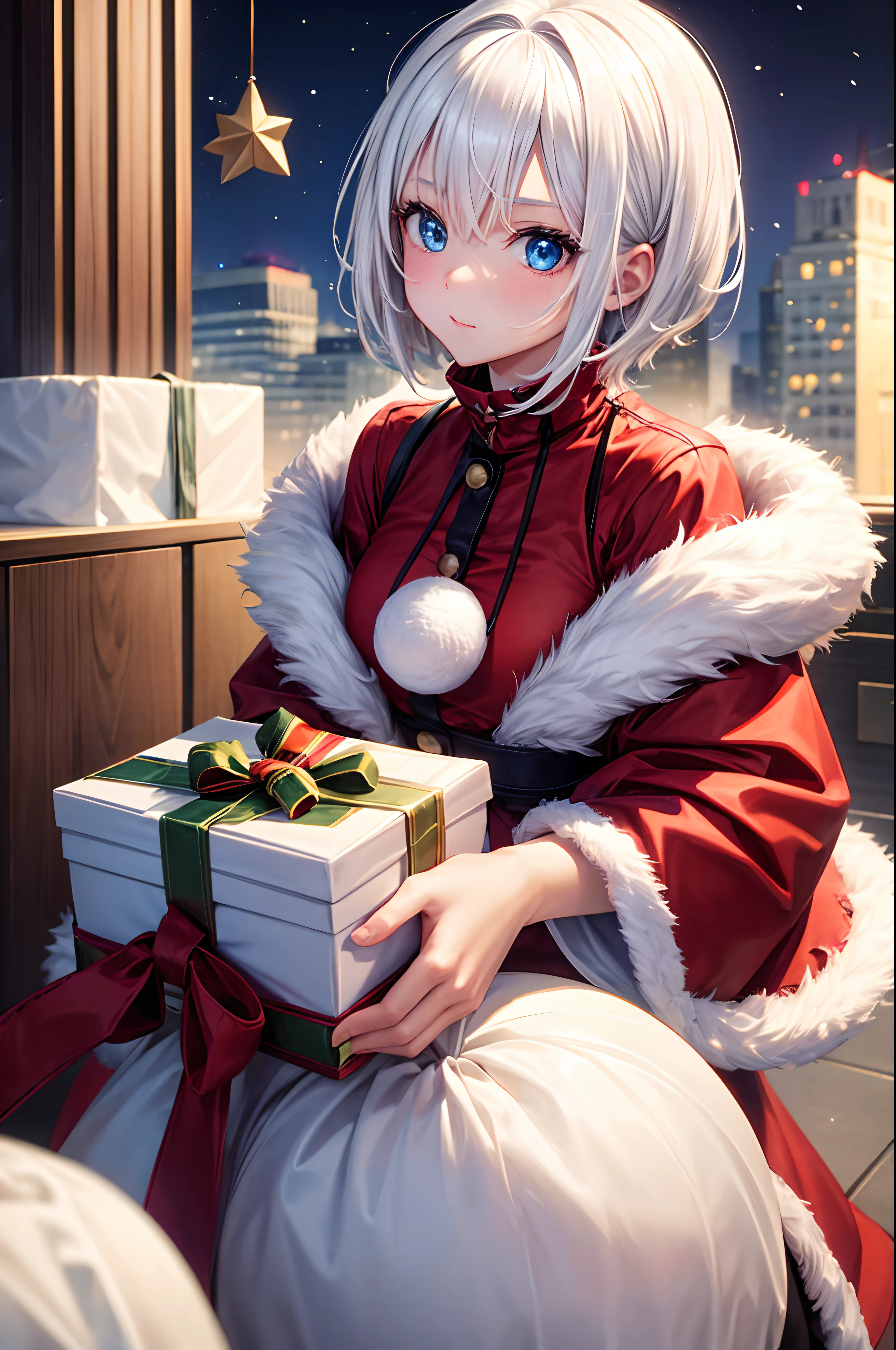 1girl with、white hair、Shorthair、Christmas Buildings、Santa Cosplay、unclear、Blue eyes